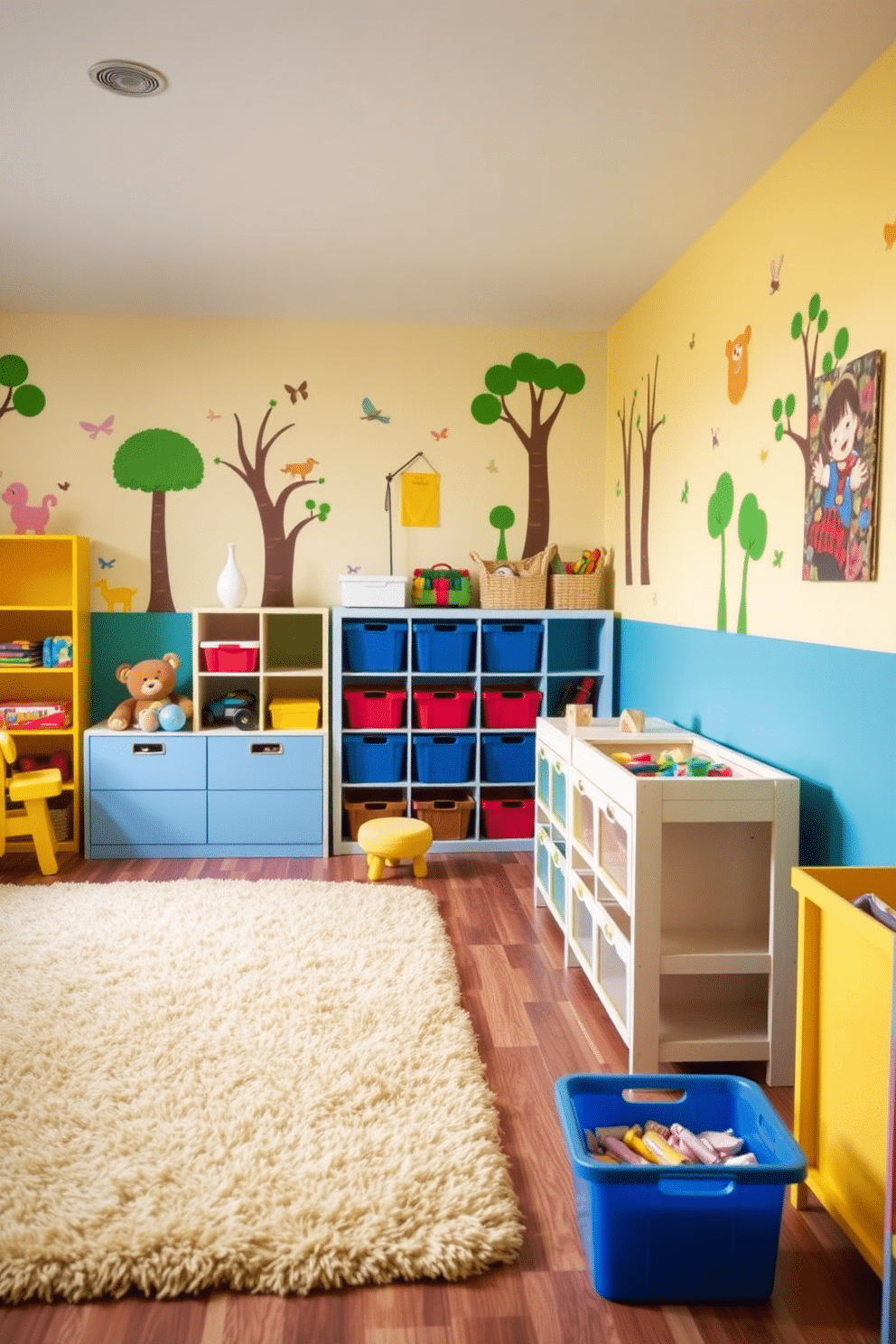 A vibrant children's playroom filled with colorful furniture and playful decor. The walls are painted in cheerful shades of yellow and blue, with whimsical wall decals of animals and trees. Soft, plush rugs cover the floor, providing a comfortable area for play. A variety of storage bins in different shapes and sizes are neatly organized, making it easy to keep toys tidy and accessible.