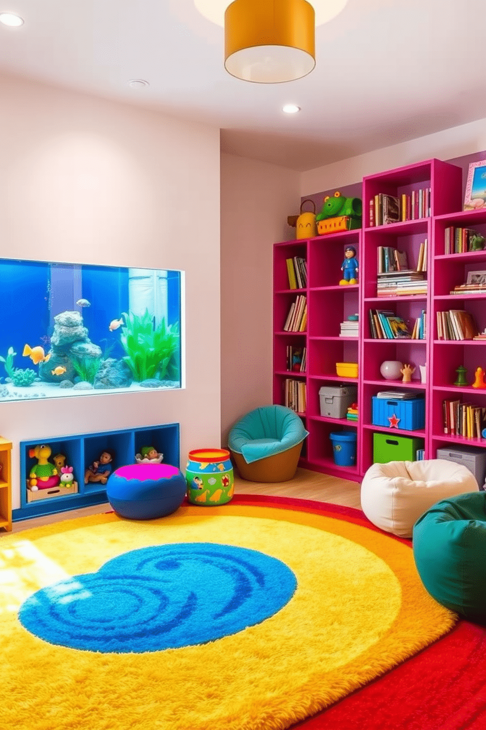 A vibrant children's playroom filled with colorful furniture and playful decor. A large, built-in fish tank is integrated into the wall, providing a calming effect and a lively focal point for the room. The space features a soft, plush rug in bright primary colors, inviting children to sit and play. Shelves are lined with books and toys, while a cozy reading nook with bean bags is nestled in one corner.