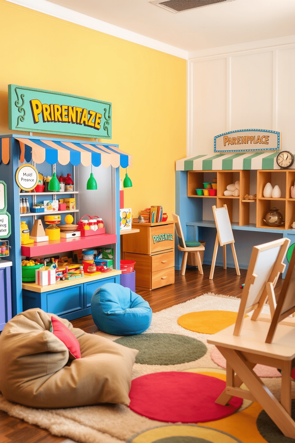 A vibrant pretend play marketplace setup featuring colorful stalls adorned with playful signage. The stalls are filled with various toys and pretend food items, encouraging imaginative play among children. A cozy children's playroom designed with soft, inviting colors and various activity zones. Plush rugs, a reading nook with bean bags, and a creative arts corner with easels are included to stimulate creativity and fun.