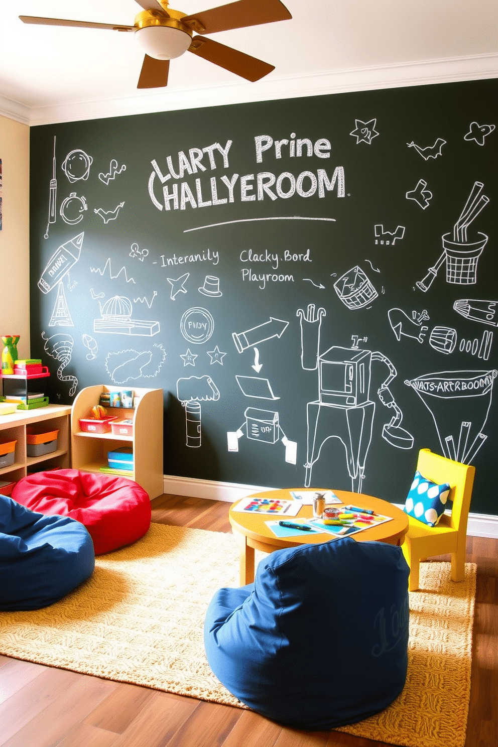 A vibrant children's playroom features an interactive chalkboard wall that invites creativity and imagination. The space is filled with colorful furniture, including a soft rug, bean bags, and a small table for arts and crafts.