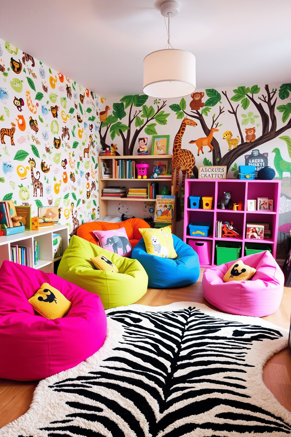 A vibrant children's playroom filled with playful decor featuring animal prints. The walls are adorned with colorful wallpaper showcasing various animal patterns, while the floor is covered in a soft, plush rug with a zebra print. In one corner, a cozy reading nook is created with bean bags in bright colors, complemented by cushions featuring fun animal motifs. Shelves are filled with books and toys, and a cheerful mural of jungle animals adds an adventurous touch to the space.