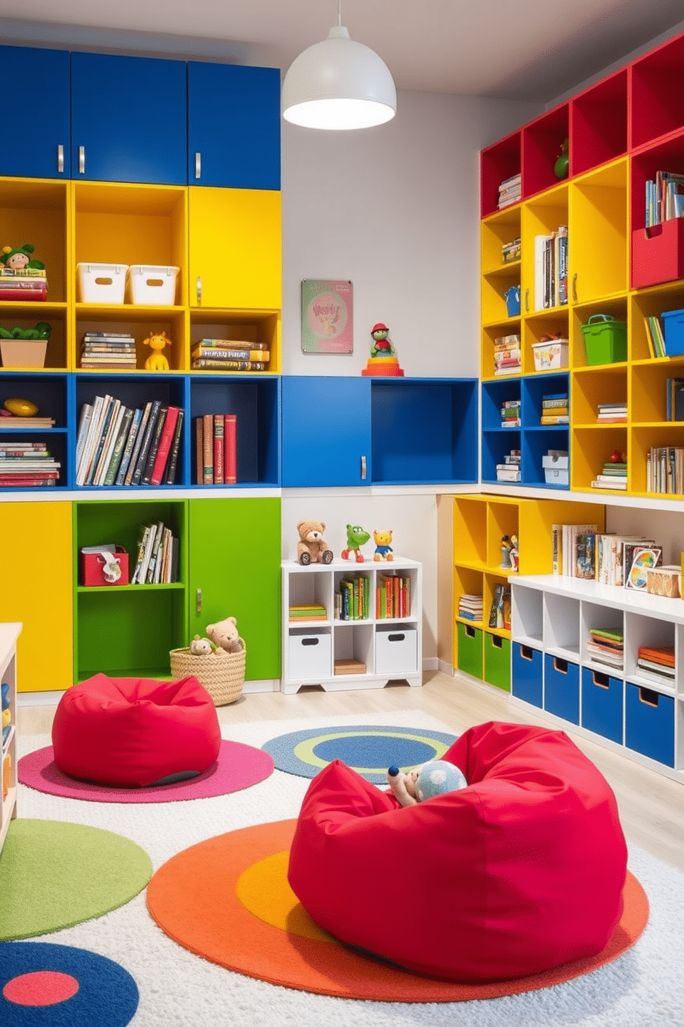 A vibrant children's playroom filled with modular storage solutions that encourage easy organization. Brightly colored shelving units are strategically placed to hold toys, books, and games, creating an inviting and functional space. The playroom features a soft, cushioned floor for safety, with playful area rugs scattered throughout. A cozy reading nook with bean bags and a small bookshelf invites children to enjoy storytime in a whimsical atmosphere.