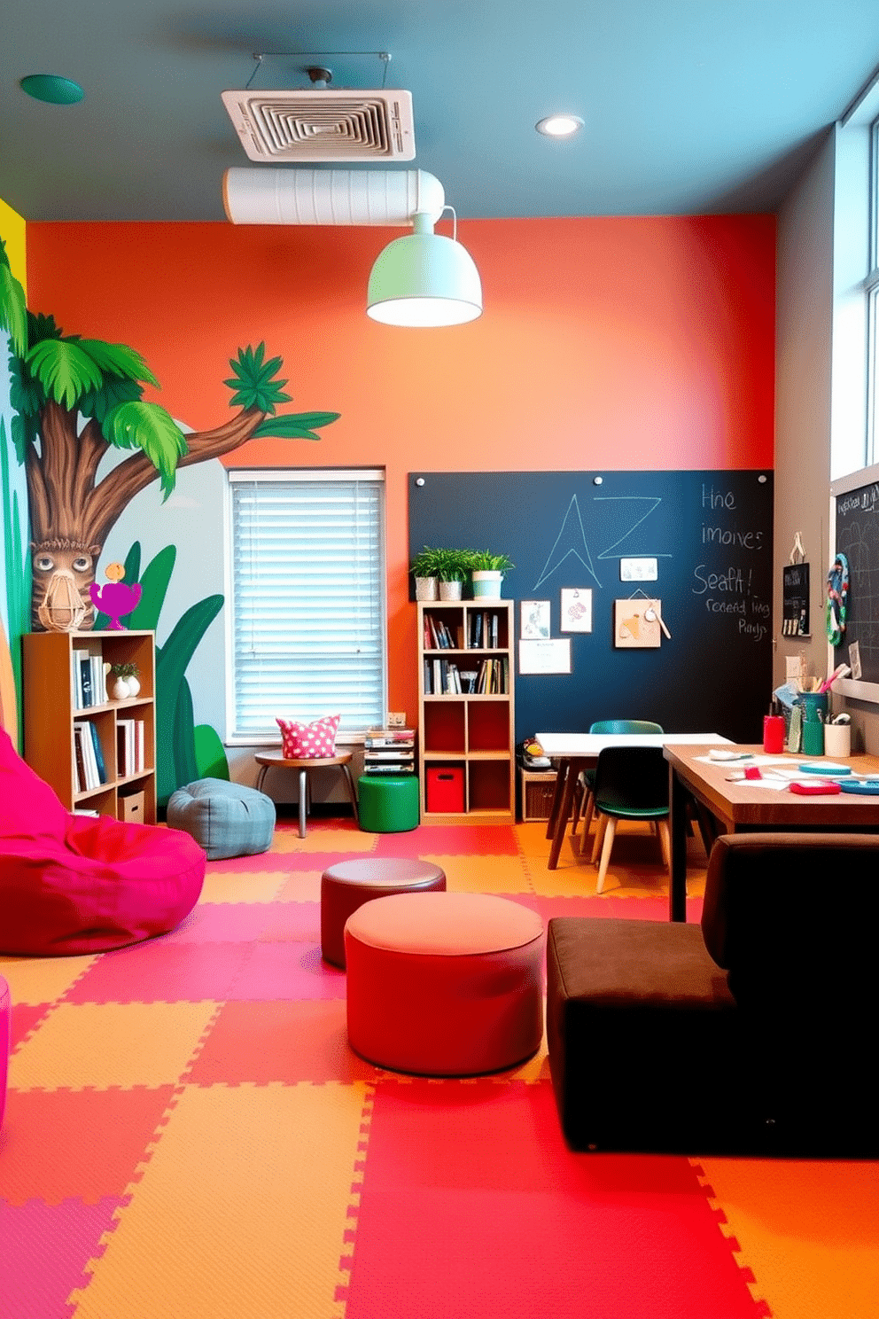 A vibrant play zone designed for creativity, featuring a colorful mural of a jungle scene on one wall. The floor is covered in soft, interlocking foam tiles, and a variety of plush seating options are scattered throughout for comfort. A dedicated reading nook is nestled in one corner, complete with a cozy bean bag chair and a small bookshelf filled with children's books. Adjacent to it, a craft station is equipped with a large table, art supplies, and a chalkboard wall for endless artistic expression.