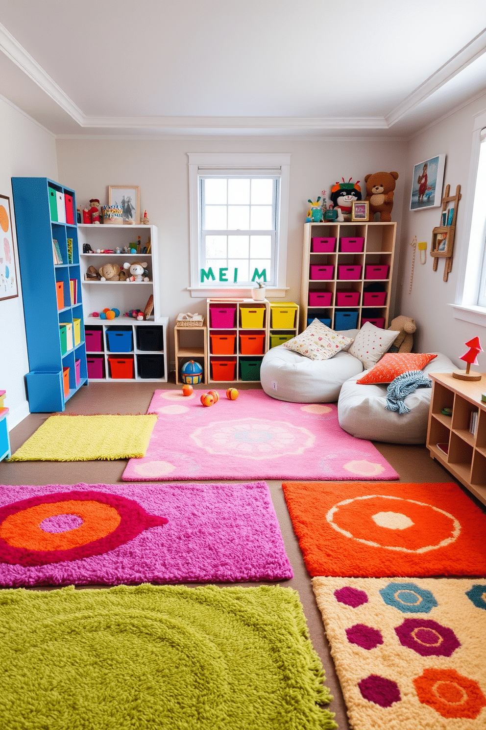 A cozy children's playroom filled with soft area rugs that provide comfort and safety. The rugs are in bright colors and playful patterns, creating a warm and inviting atmosphere for imaginative play. The room features a variety of storage solutions to keep toys organized, including colorful bins and shelves. A comfortable seating area with bean bags and cushions encourages relaxation and creativity.