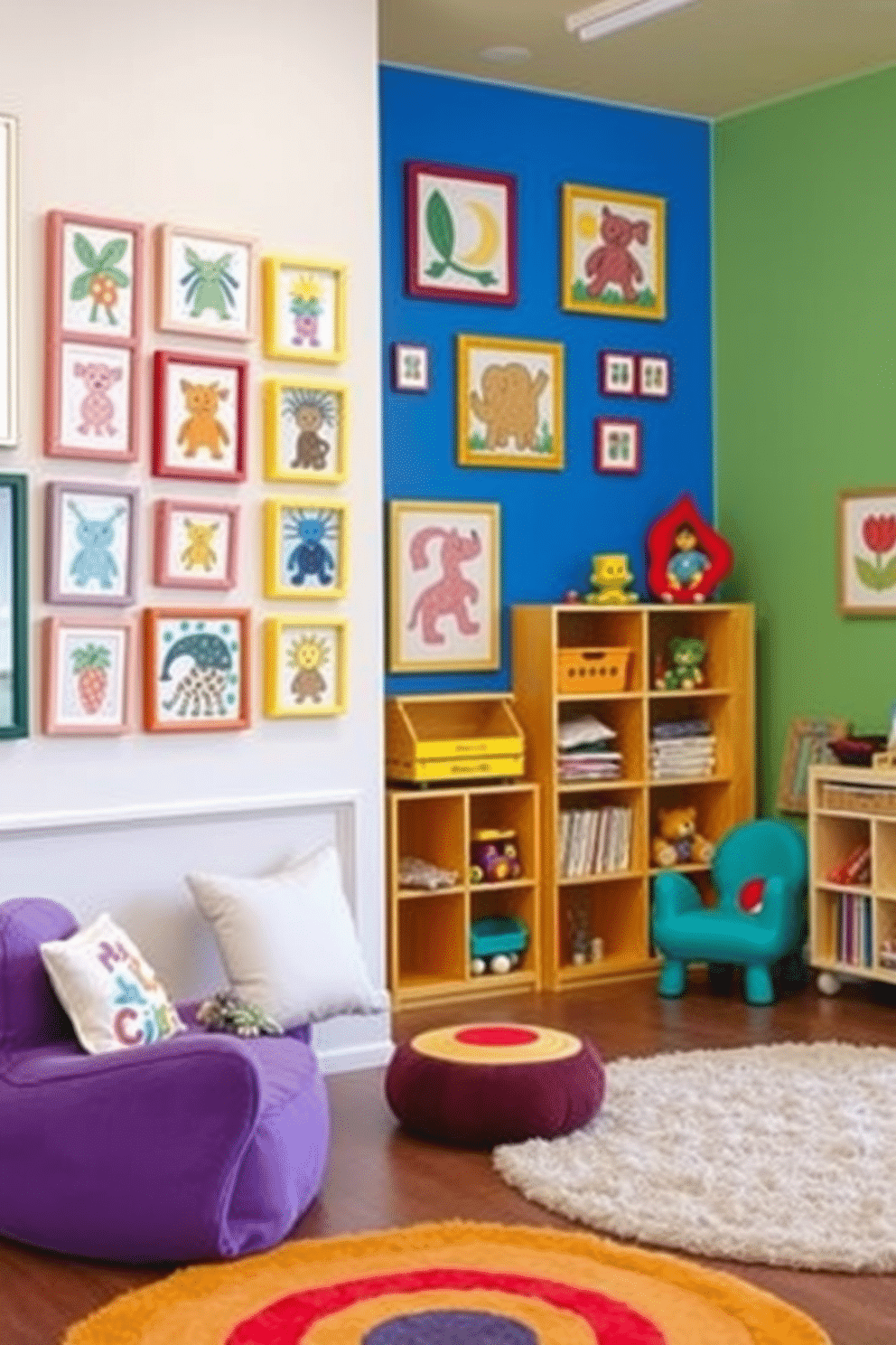 A vibrant art display gallery showcasing children's creations. The walls are painted in bright colors, with various frames holding the artwork at different heights to encourage interaction. A whimsical playroom filled with soft, colorful furniture and playful decor. There are plush rugs on the floor, a cozy reading nook, and a variety of toys organized in open shelving for easy access.