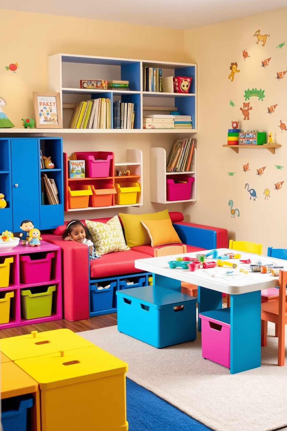 A vibrant children's playroom featuring multi-functional furniture that adapts to growing needs. The room includes a colorful modular sofa that can be reconfigured for different activities and a sturdy, adjustable-height table for arts and crafts. Brightly colored storage bins are neatly arranged to keep toys organized, while a soft area rug provides a comfortable play space. Wall-mounted shelves display books and games, and playful wall decals create an engaging atmosphere for creativity and learning.