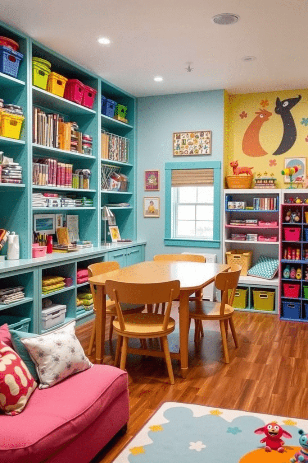 A creative craft station filled with colorful supplies neatly organized on open shelves. The workspace features a large, sturdy table surrounded by comfortable chairs, with a bright, cheerful color palette that inspires creativity. A whimsical children's playroom designed for fun and imagination. The room includes a cozy reading nook with soft cushions, vibrant wall art, and playful storage solutions for toys and games, creating an inviting space for kids to explore and enjoy.