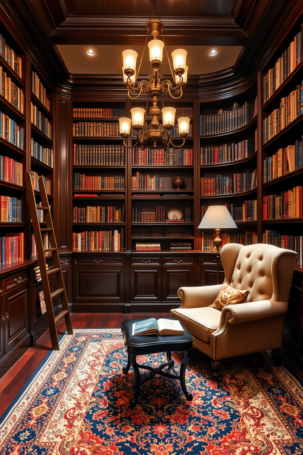 Elegant dark wood bookshelves stretch from floor to ceiling, showcasing a collection of classic literature and decorative items. A rolling ladder leans against the shelves, providing easy access to the higher volumes, while a plush, deep armchair invites readers to settle in with a good book. Rich, warm lighting emanates from a vintage-style chandelier, casting a soft glow over the room. An ornate Persian rug lies beneath a small reading table, adding a touch of luxury and comfort to this sophisticated home library.