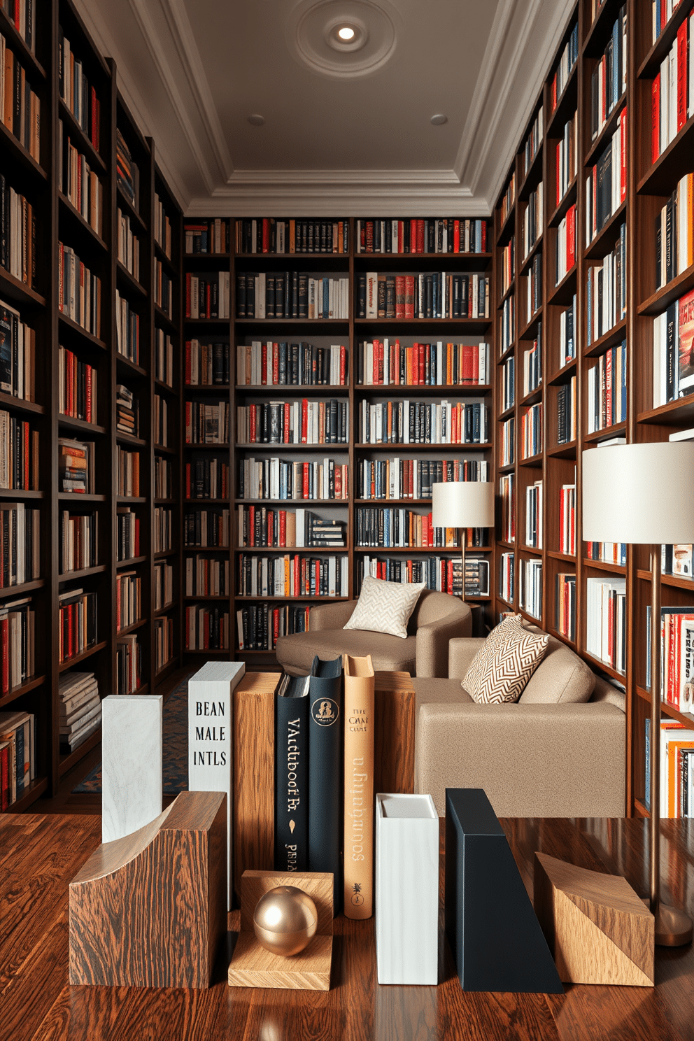 A stylish home library featuring a range of unique bookends in various designs, including geometric shapes, natural wood finishes, and metallic accents. The library is filled with tall bookshelves lined with an extensive collection of books, complemented by a cozy reading nook with plush seating and soft lighting.