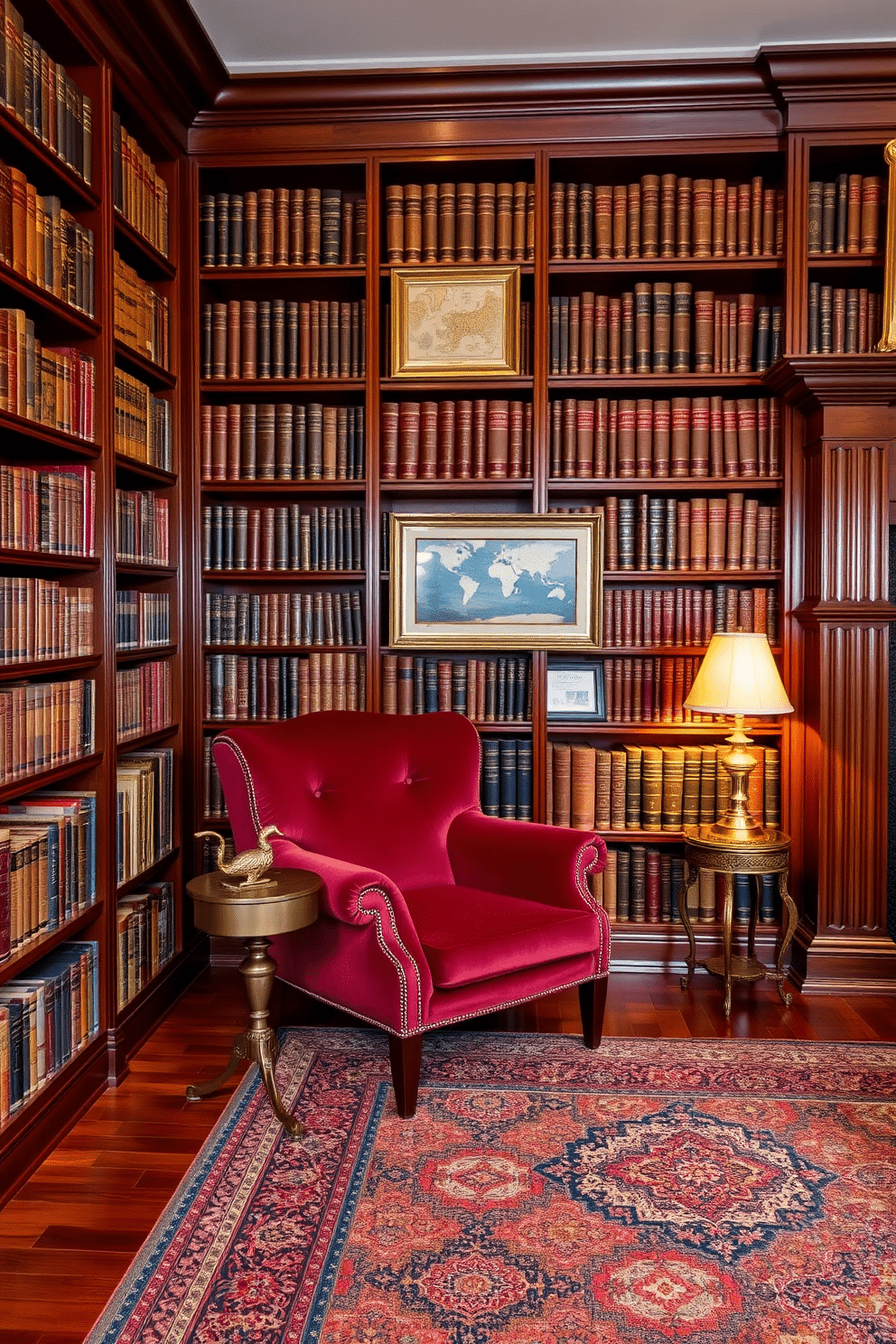 A classic home library with rich mahogany bookshelves filled with an array of leather-bound books. A plush, deep red velvet armchair sits in the corner, accompanied by a small antique side table holding a brass lamp with a warm glow. The walls are adorned with framed vintage maps and art, creating a sense of history and sophistication. A large, ornate Persian rug covers the hardwood floor, adding warmth and texture to the inviting space.