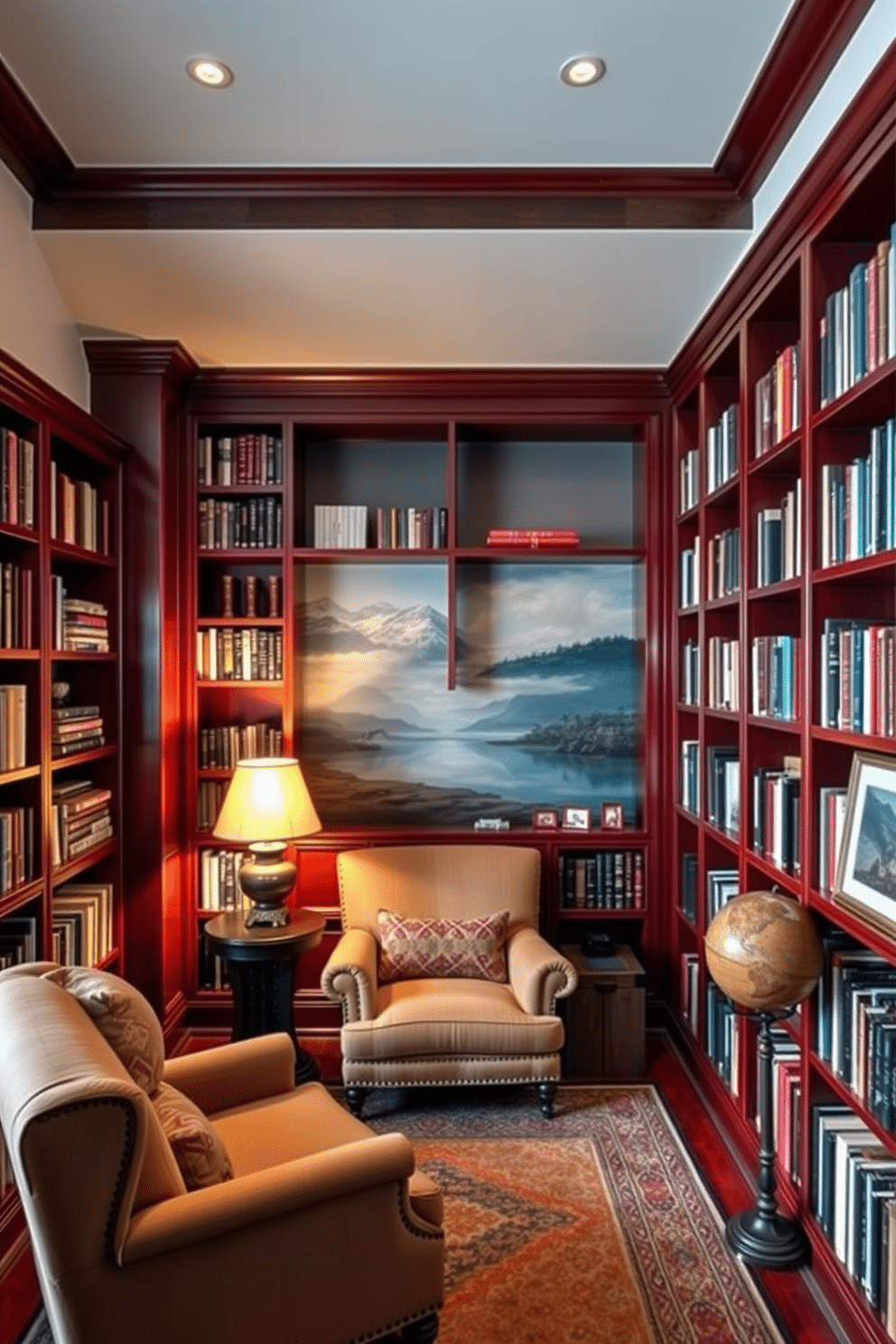 A cozy home library featuring rich mahogany bookshelves that stretch from floor to ceiling, filled with an array of books and decorative items. A plush, oversized armchair sits in the corner, accompanied by a small side table and a warm reading lamp, creating an inviting nook for relaxation. The walls are adorned with artistic wall murals depicting serene landscapes or abstract designs, adding a touch of creativity to the space. Soft, ambient lighting enhances the atmosphere, while a vintage globe and a few framed art pieces complete the classic library aesthetic.