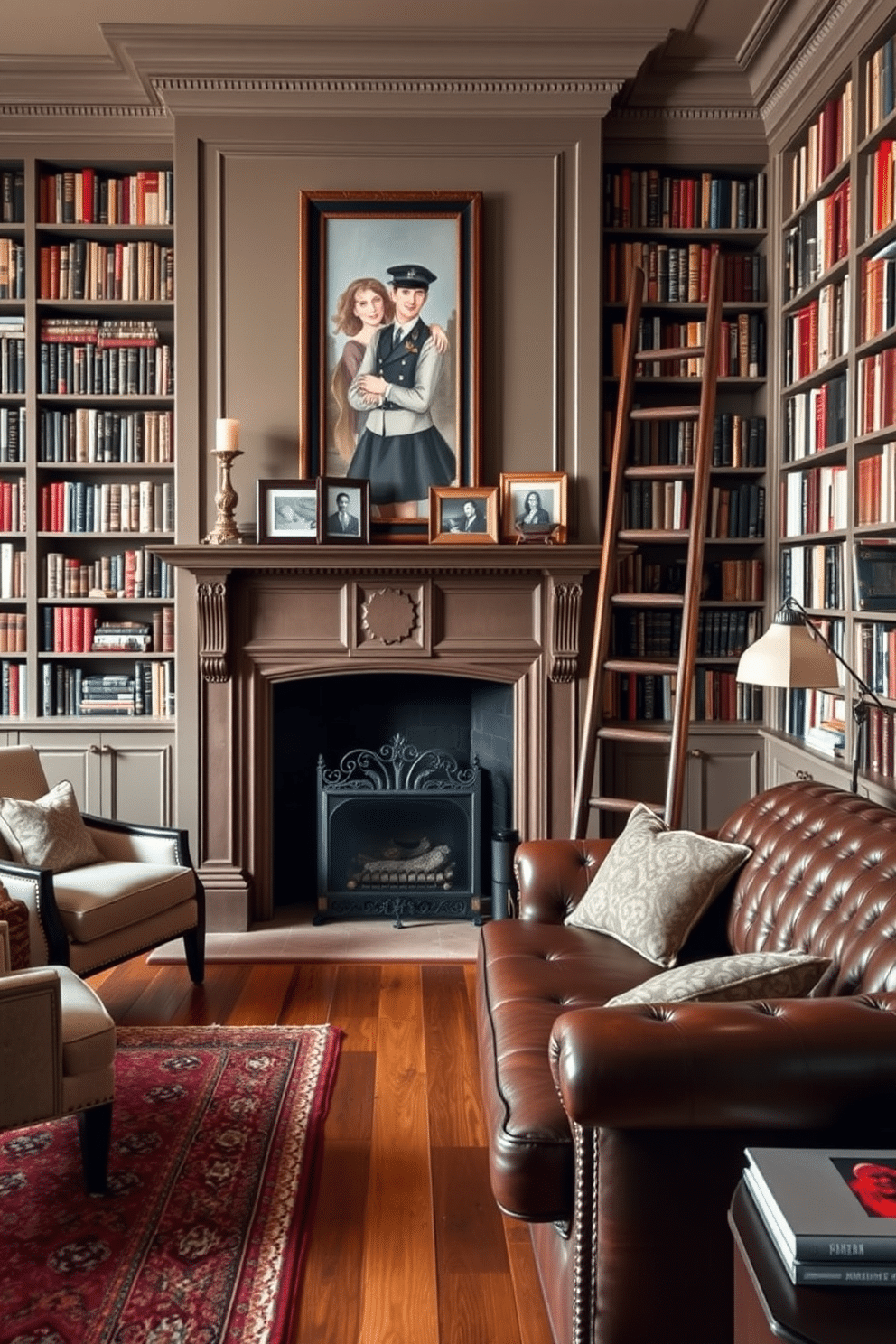 A charming fireplace serves as the focal point of the room, featuring an elegant mantel adorned with decorative items and framed photos. Surrounding the fireplace, plush armchairs invite relaxation, while a rich area rug adds warmth to the hardwood floor. The classic home library design exudes sophistication, with floor-to-ceiling bookshelves filled with an array of books. A vintage wooden ladder leans against the shelves, and a large, comfortable leather sofa is positioned near a reading lamp, creating an inviting reading nook.