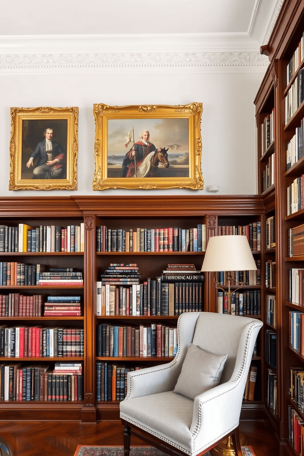 A classic home library design featuring elegant wooden bookshelves filled with an array of books. Above the shelves, classic artwork is framed in ornate gold frames, adding sophistication and a touch of culture to the space.