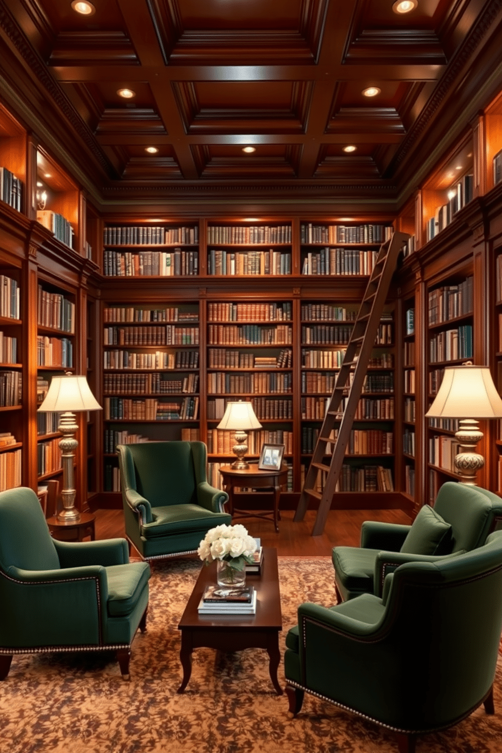 Stylish reading lamps illuminate every corner of the room, casting a warm glow that invites relaxation. The library features rich mahogany bookshelves filled with an extensive collection of books, complemented by plush armchairs upholstered in deep green fabric. Classic home library design ideas include a grand wooden ladder on rails for easy access to high shelves. Elegant crown molding and a coffered ceiling enhance the sophisticated atmosphere, while a large area rug anchors the seating area.