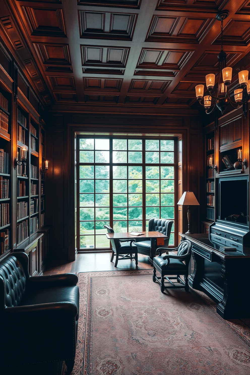 Rich wood paneling creates an atmosphere of sophistication, enveloping the room in warmth and elegance. The library features plush leather armchairs and a large, ornate wooden desk, complemented by floor-to-ceiling bookshelves filled with classic literature. Soft, ambient lighting from vintage-style sconces highlights the intricate details of the woodwork. A cozy reading nook with a large window offers a view of a lush garden, inviting relaxation and contemplation.