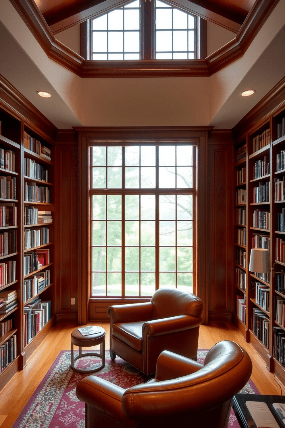 A classic home library featuring floor-to-ceiling windows that flood the space with natural light. Rich wooden bookshelves line the walls, filled with an extensive collection of books, while a plush leather armchair invites you to sit and read.