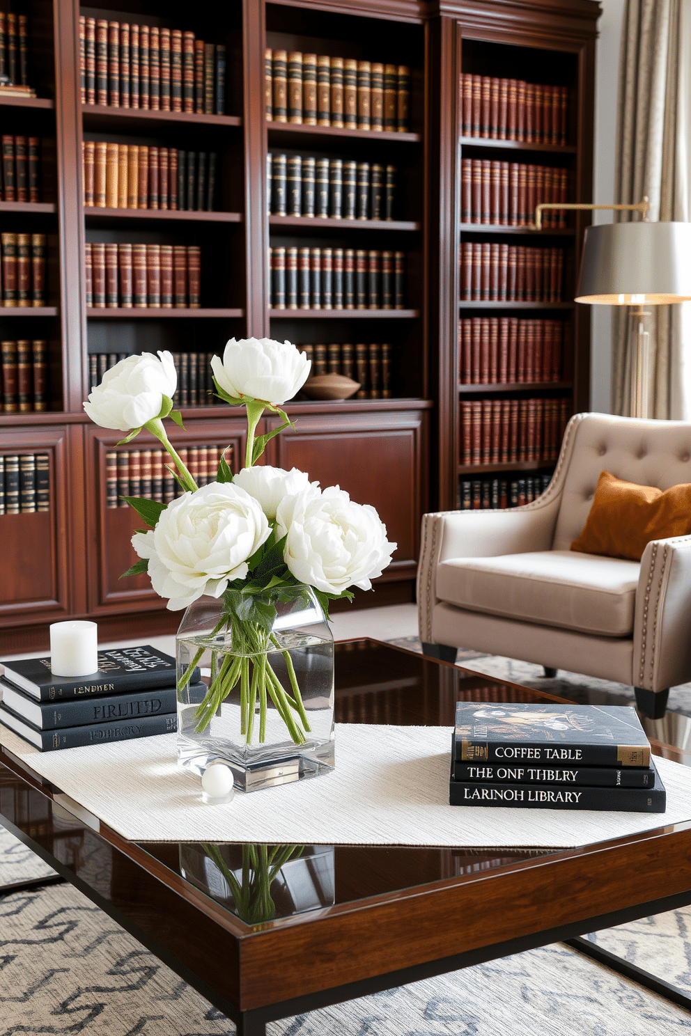 A sleek, modern coffee table centerpiece featuring a geometric glass vase filled with fresh white peonies. Surrounding the vase are a few stylish coffee table books and a minimalist candle holder, all arranged on a soft, textured runner. A classic home library design with rich mahogany bookshelves filled with leather-bound volumes. A plush, tufted armchair sits in the corner, accompanied by a vintage brass floor lamp, casting a warm glow over a small reading nook.