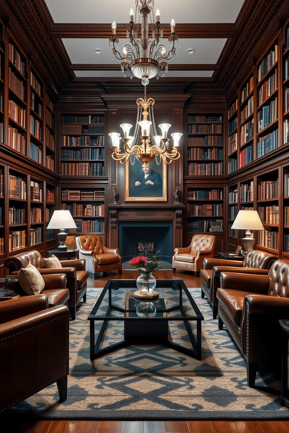 A classic home library featuring a mix of classic and contemporary furniture. Rich mahogany bookshelves line the walls, filled with an array of books, while a sleek glass coffee table sits in the center, surrounded by plush leather armchairs. The space is illuminated by a grand chandelier, casting a warm glow over the room. A modern rug with geometric patterns anchors the seating area, creating a cozy yet sophisticated atmosphere.