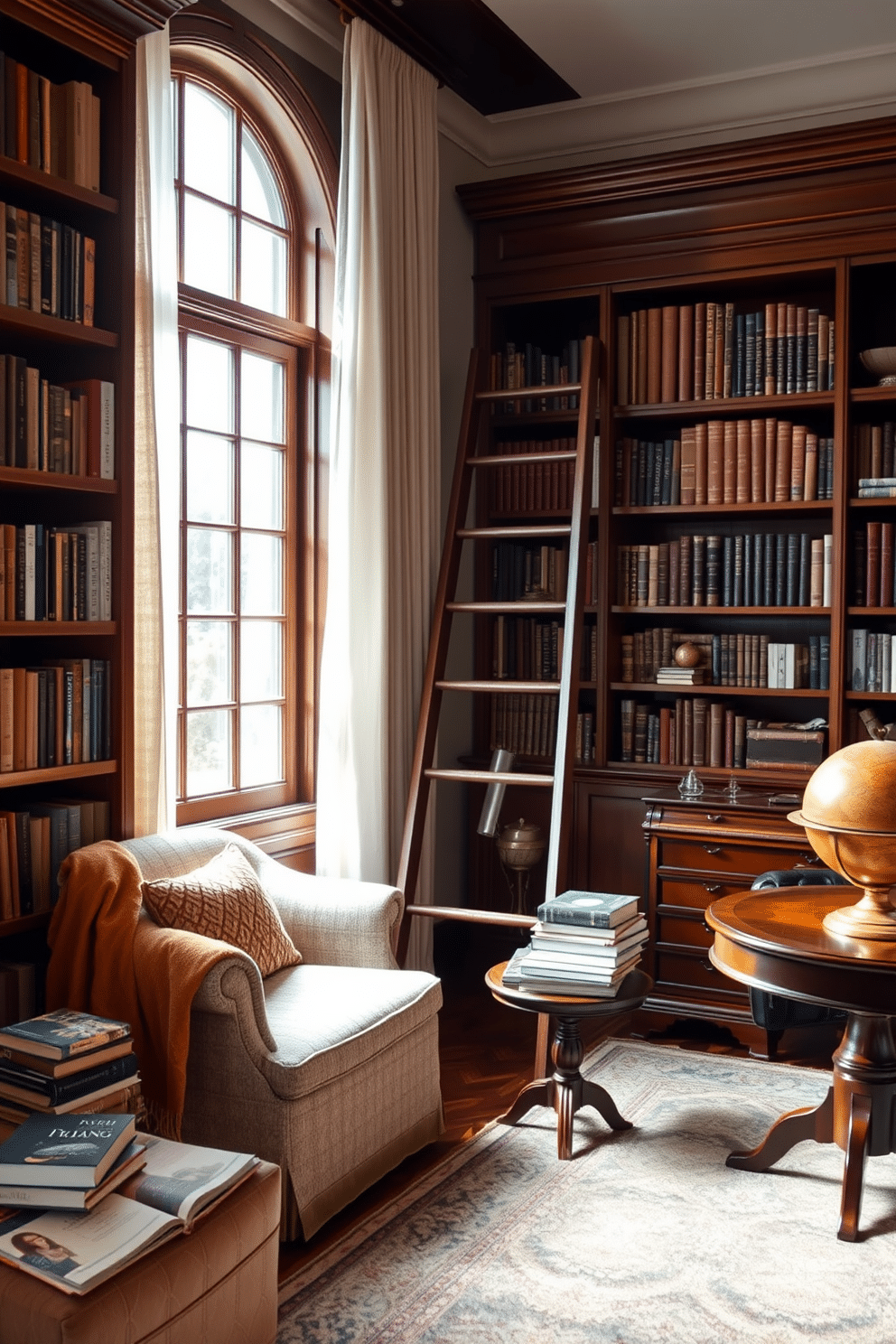 A cozy reading nook by the window features a plush armchair upholstered in soft, textured fabric, complemented by a warm throw blanket draped over one side. A small side table holds a steaming cup of tea and a stack of well-loved books, while natural light pours in through sheer curtains, creating an inviting atmosphere. The classic home library is adorned with rich wooden bookshelves that stretch from floor to ceiling, filled with an array of books and decorative objects. An elegant ladder leans against the shelves, and a vintage globe sits on a polished mahogany desk, enhancing the timeless charm of the space.