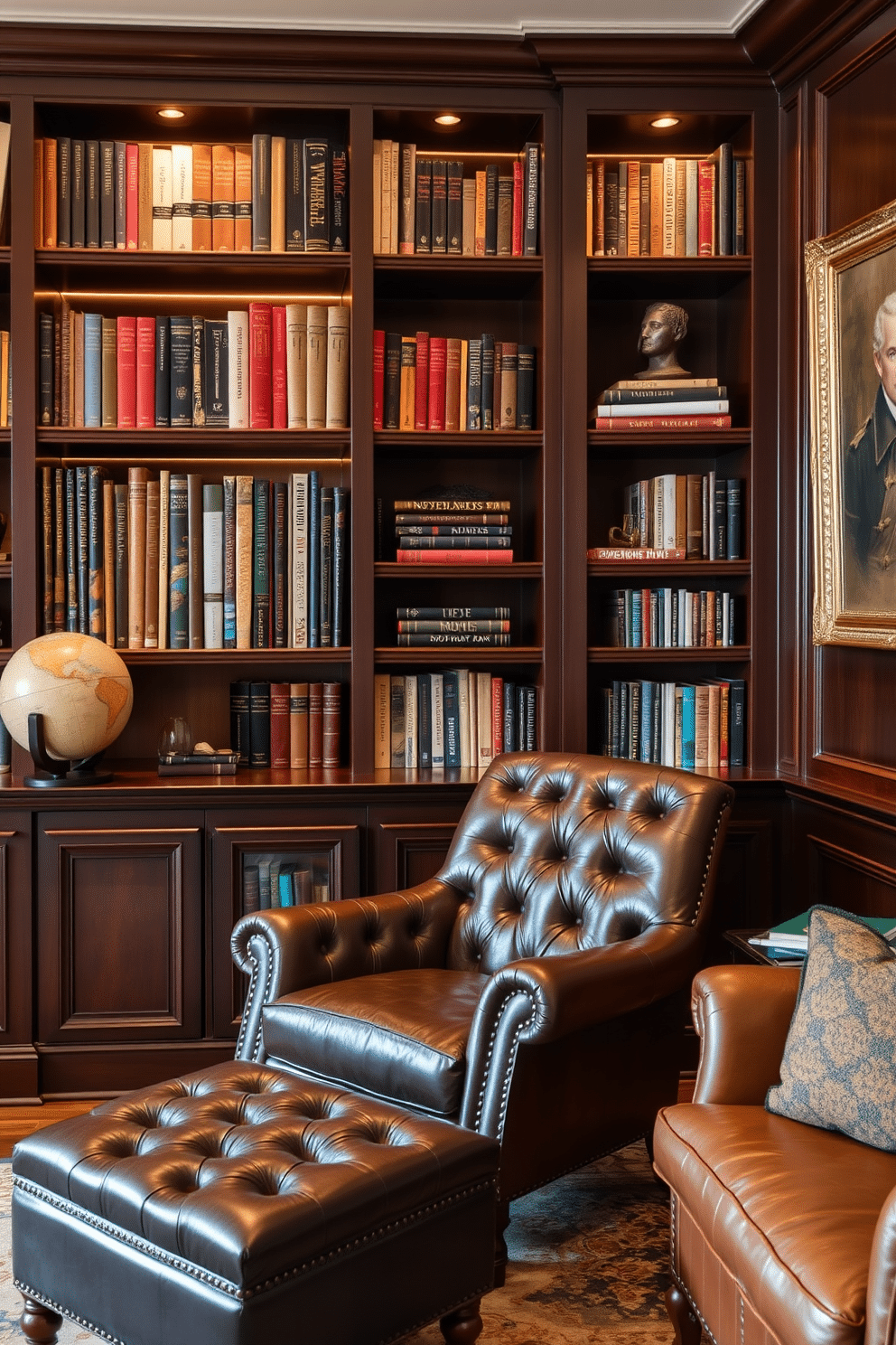 A personalized book display on shelves showcases a variety of books arranged by color and size, creating an inviting and organized look. The shelves are made of rich mahogany, complemented by warm lighting that highlights the spines of the books and adds a cozy ambiance. Classic home library design ideas feature elegant leather seating, such as a tufted armchair and a matching ottoman, perfect for reading and relaxation. Dark wood paneling and built-in bookshelves create a timeless atmosphere, while a vintage globe and framed artwork add character and sophistication to the space.