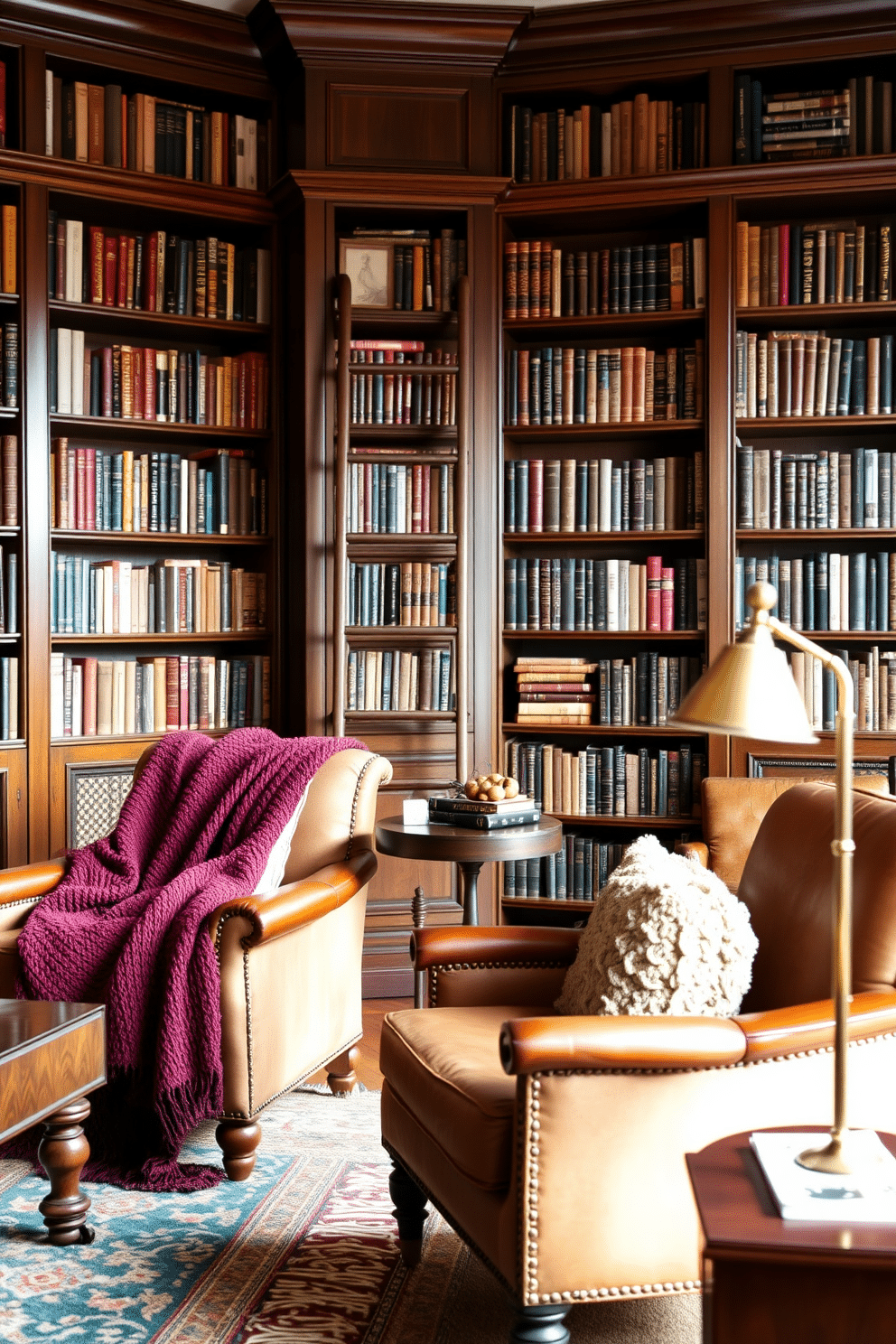 Cozy throw blankets draped over plush armchairs create an inviting atmosphere in a warm, softly lit living room. The rich textures of the blankets contrast beautifully with the sleek wood of the furniture, enhancing the overall comfort of the space. Classic home library design features floor-to-ceiling bookshelves filled with an eclectic collection of books, accented by a rolling ladder for easy access. A vintage leather armchair, paired with a small side table and a brass reading lamp, invites quiet moments of reflection and reading.