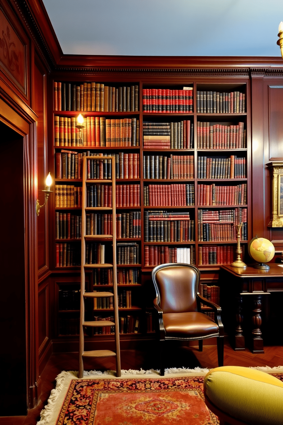 A vintage wooden ladder leans against a tall bookshelf filled with an array of colorful, leather-bound books. The library features rich mahogany paneling, a plush area rug, and comfortable seating that invites readers to relax and enjoy their surroundings. Soft, warm lighting enhances the cozy atmosphere, with brass sconces illuminating the shelves. A classic globe and an antique desk add character to the room, creating a timeless space for literary exploration.