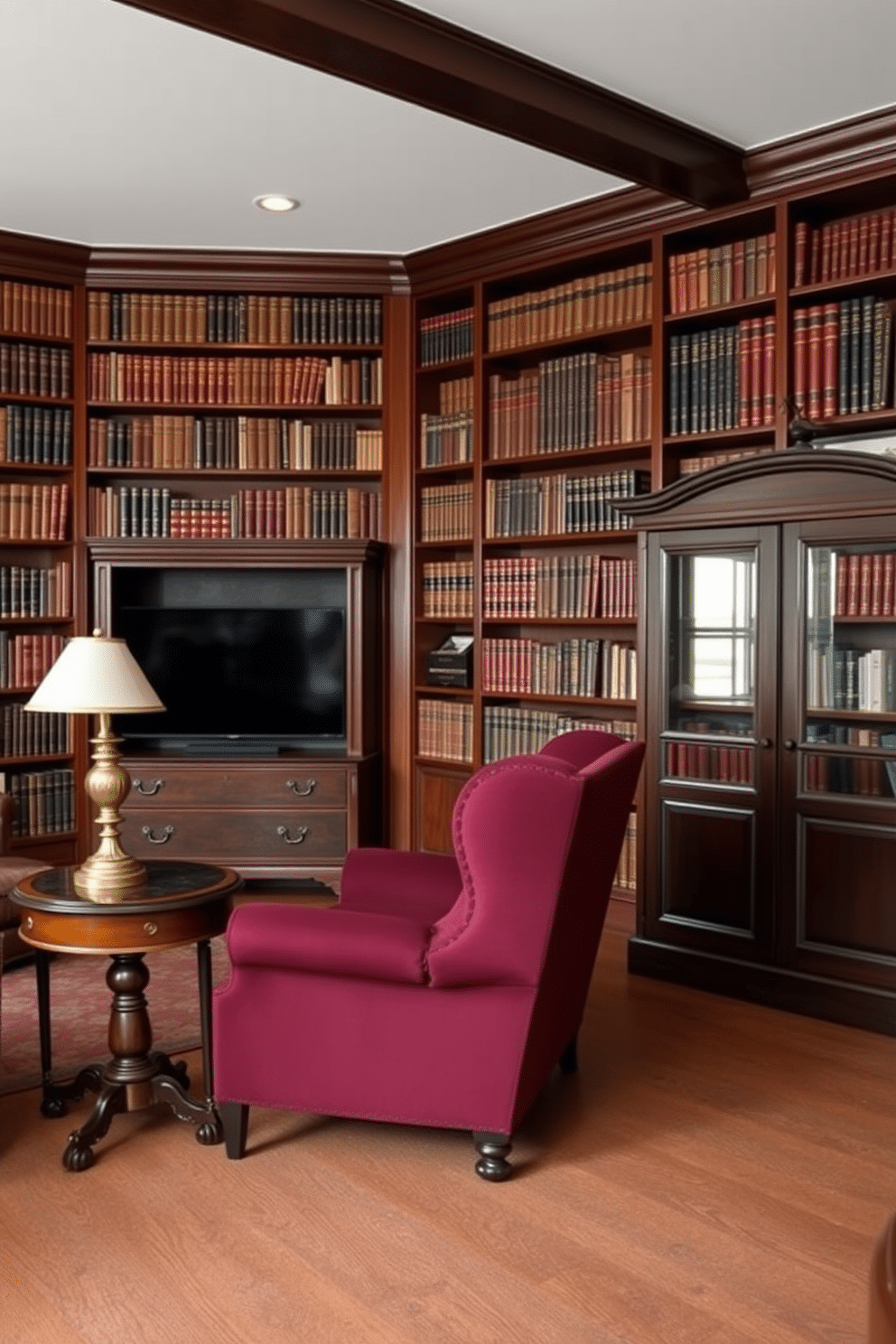 A classic home library featuring rich mahogany bookshelves that stretch from floor to ceiling, filled with an array of leather-bound books. In the center, a large, plush armchair upholstered in deep burgundy fabric sits next to a vintage wooden side table, where a brass reading lamp casts a warm glow. Integrated technology seamlessly blends with classic design in this elegant living space. A sleek flat-screen television is cleverly concealed within an antique armoire, while smart lighting enhances the room's ambiance without detracting from its timeless aesthetic.