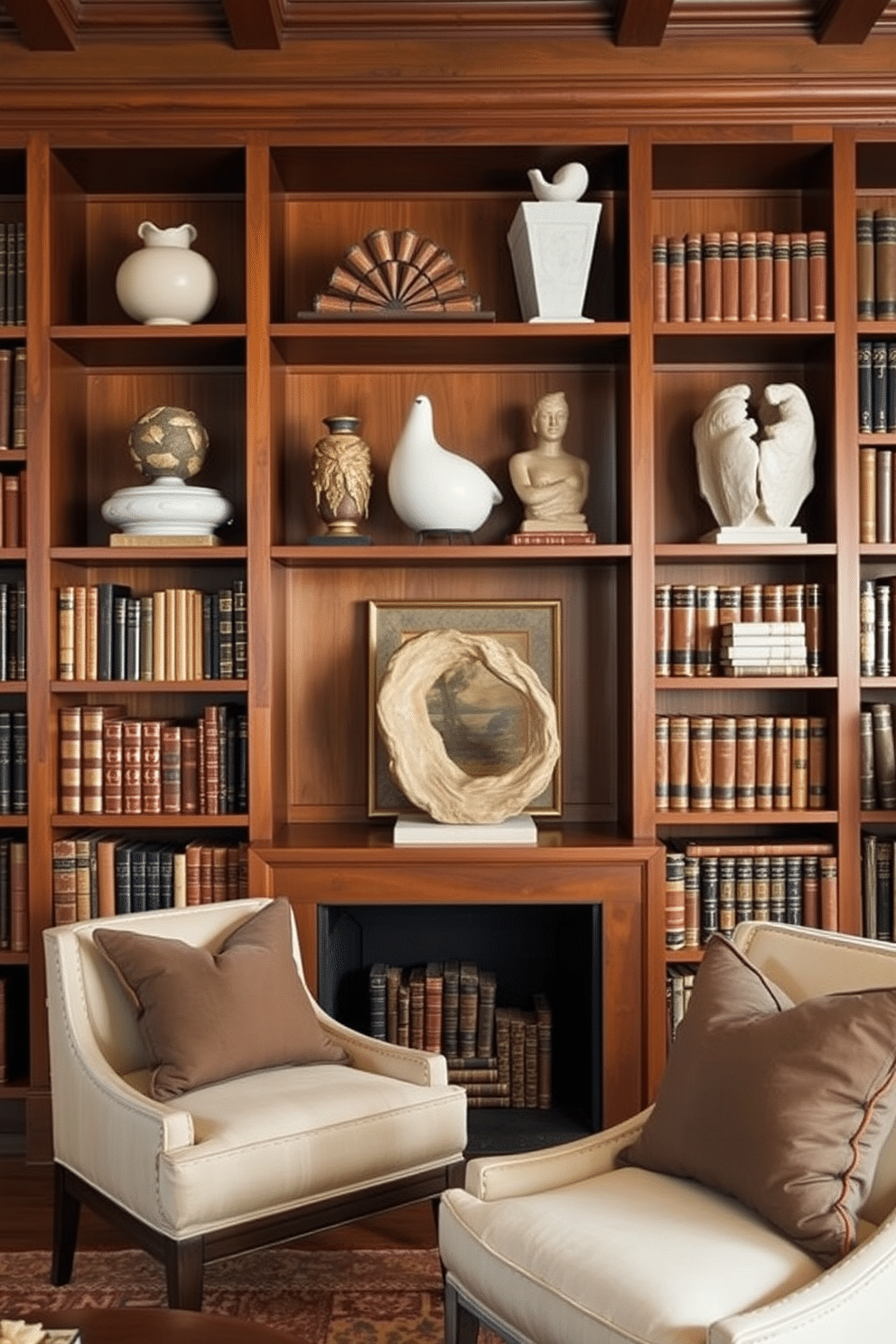 Sculptural decor pieces on shelves create an artistic focal point, blending form and function in a harmonious display. Each piece varies in texture and material, from smooth ceramics to rough-hewn wood, inviting conversation and admiration. Classic home library design ideas evoke a sense of timeless elegance, featuring rich wood paneling and plush seating. Floor-to-ceiling bookshelves filled with leather-bound volumes frame a cozy reading nook, complemented by warm lighting and vintage accents.