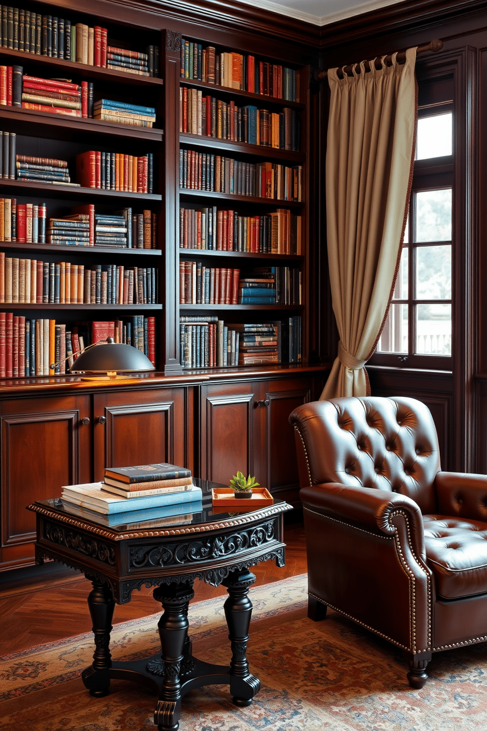 A pair of stylish side tables flanking a plush armchair, each crafted from dark wood with intricate carvings. On one table, a sleek lamp with a warm glow illuminates a stack of vintage books, while the other holds a decorative tray with a small potted plant. A classic home library featuring rich mahogany bookshelves filled with an array of colorful books. A cozy reading nook is created with a tufted leather armchair, a plush area rug, and a large window dressed with elegant drapes, allowing natural light to flood the space.