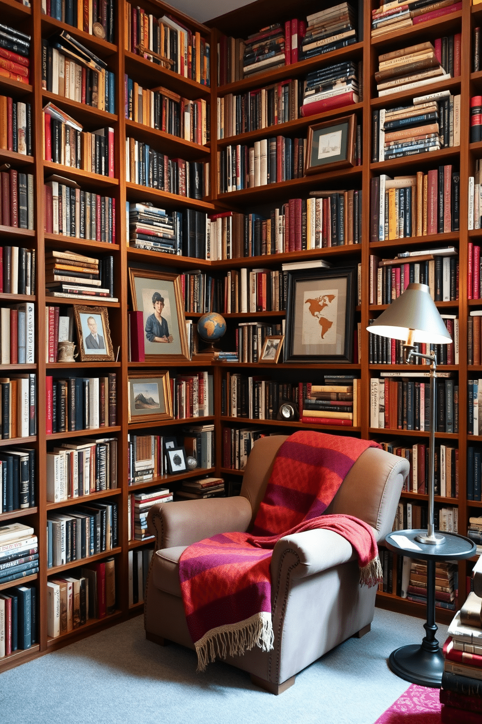 An eclectic home library filled with a diverse collection of books arranged on wooden shelves that reach the ceiling. Vintage decor pieces, including a globe and framed art, are interspersed among the books, creating a warm and inviting atmosphere. A plush, oversized armchair sits in the corner, draped with a colorful throw blanket, inviting readers to settle in with a good book. Soft, ambient lighting from a stylish floor lamp casts a cozy glow, enhancing the character of the space.