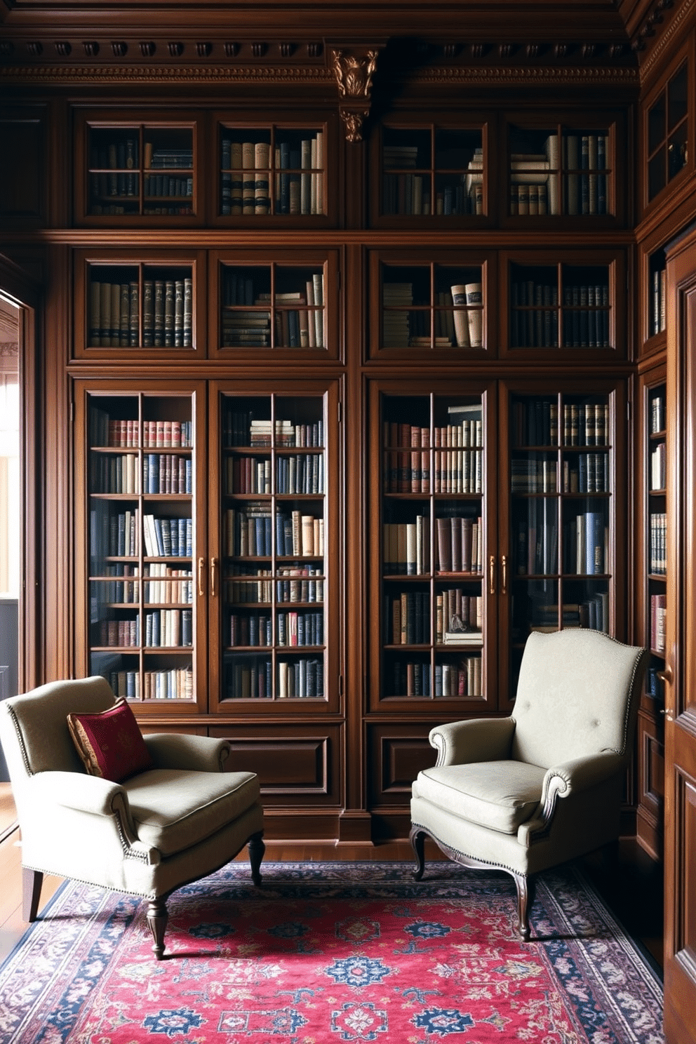 A classic home library with glass doors elegantly enclosing shelves filled with an extensive collection of books. The rich wooden cabinetry features intricate moldings, and a cozy reading nook is adorned with plush armchairs and a vintage rug.