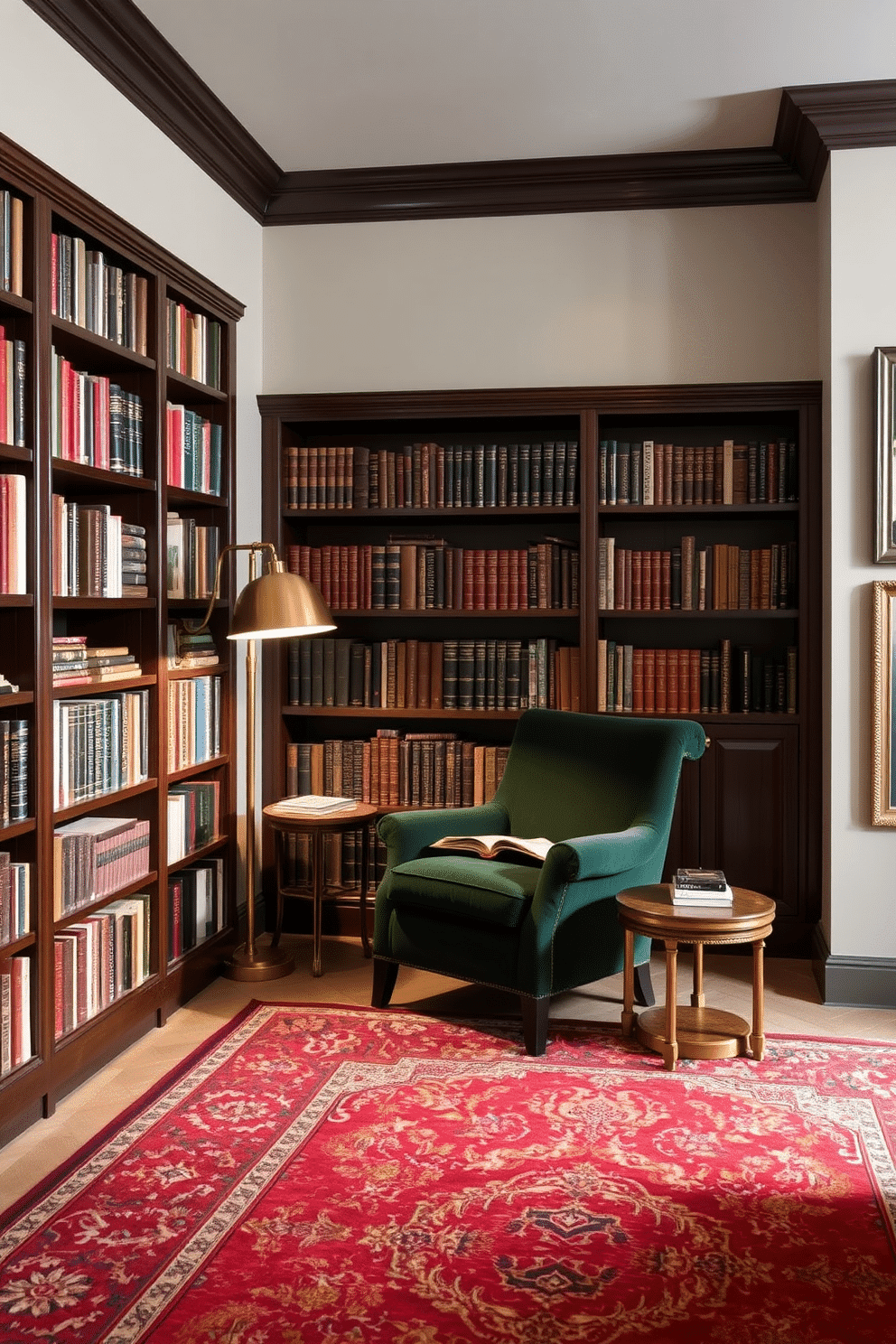 A classic home library features neutral wall colors, such as soft beige or light gray, creating a serene backdrop. Bold accents come from rich, dark wood bookshelves filled with an array of books, complemented by a plush, deep green velvet armchair in the reading nook. The space is illuminated by a vintage brass floor lamp that adds warmth and character. A large, ornate rug in deep reds and golds anchors the seating area, while framed artwork in vibrant colors adorns the walls, adding personality to the room.