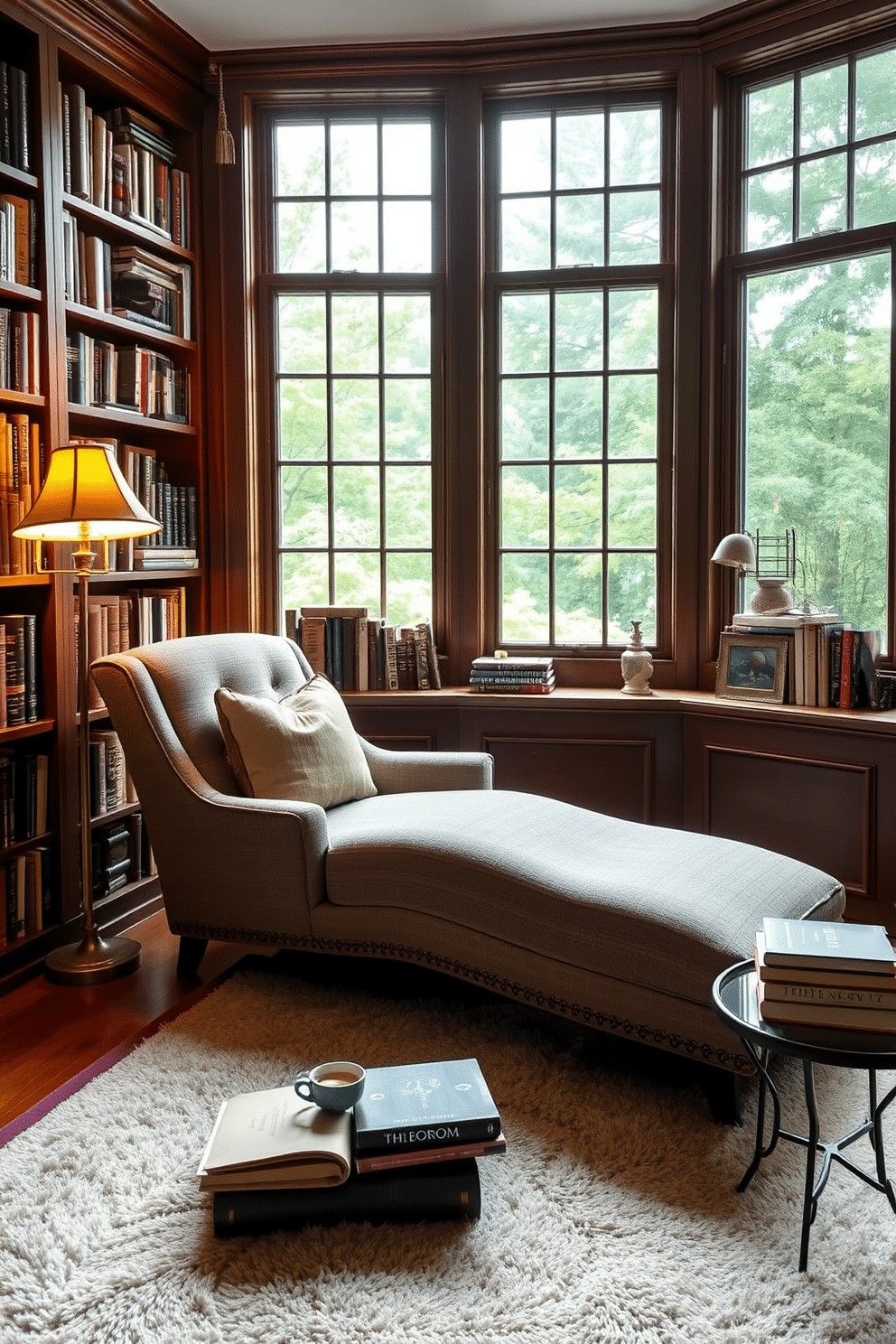 A comfortable chaise lounge upholstered in soft, textured fabric sits invitingly in a cozy corner of the room. Surrounding it are tall bookshelves filled with an eclectic mix of books, and a warm, ambient light from a vintage floor lamp casts a gentle glow. The classic home library features rich wooden paneling and a large bay window that allows natural light to flood in. A plush area rug anchors the space, while a small side table holds a steaming cup of tea and a stack of well-loved novels.