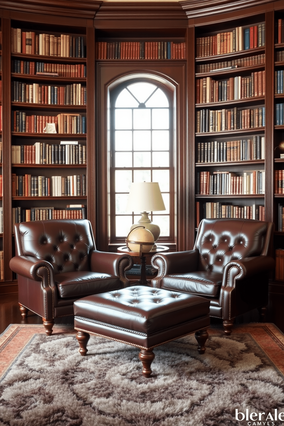 Classic leather armchairs with ottoman. The armchairs are upholstered in rich, dark brown leather, featuring elegant stitching and a timeless design. An accompanying ottoman, also in leather, adds comfort and style, positioned perfectly in front of the chairs. Classic home library design ideas. The library is adorned with floor-to-ceiling bookshelves made of dark wood, filled with an array of books and decorative items. A plush area rug anchors the space, while a vintage globe and a reading lamp create a cozy nook for book lovers.