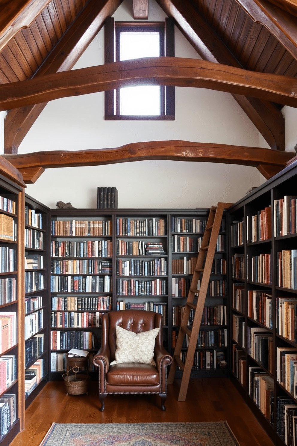 A cozy home library featuring rustic wooden beams that add warmth and character to the space. The room is filled with tall bookshelves lined with books, a comfortable leather armchair in the corner, and a vintage wooden ladder leaning against the shelves.