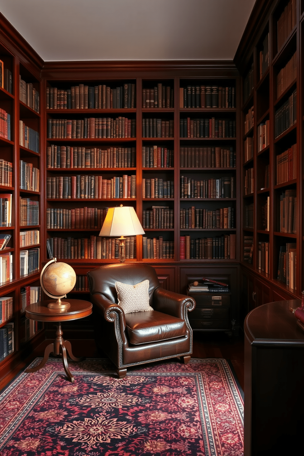 A cozy home library featuring rich mahogany bookshelves that stretch from floor to ceiling, filled with an array of classic literature and decorative books. In the center of the room, a plush leather armchair invites relaxation, accompanied by a vintage side table holding an antique globe as a decorative accent. The walls are adorned with deep burgundy wallpaper, creating an intimate atmosphere, while warm lighting from a brass floor lamp casts a soft glow. A Persian rug adds texture underfoot, tying together the elegant design with its intricate patterns and colors.