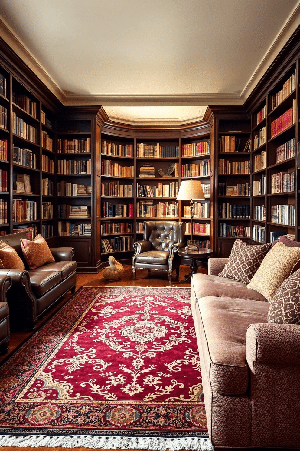 A richly patterned area rug with intricate designs in deep reds and golds lies at the center of the room, adding warmth and texture to the hardwood floor. Surrounding the rug, plush seating in rich leather and soft fabrics invites relaxation and conversation. Classic home library design features dark wood bookshelves filled with a variety of books, framed by elegant crown molding. A vintage leather armchair sits in a cozy reading nook, accompanied by a small side table and a warm floor lamp, creating an inviting atmosphere for literary pursuits.