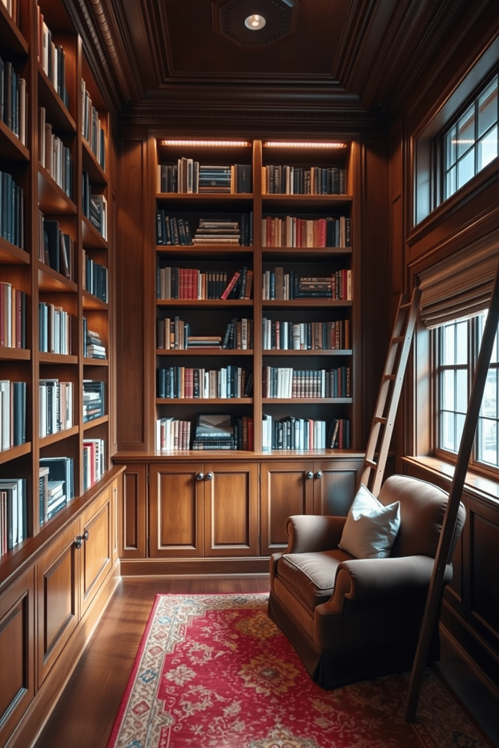 A classic home library featuring built-in shelves that stretch from floor to ceiling, elegantly displaying a collection of books and decorative items. Hidden LED lighting illuminates the shelves, creating a warm ambiance that enhances the rich wood tones of the shelves and the cozy reading nook. The library is adorned with a plush armchair upholstered in a deep, inviting fabric, positioned near a large window that allows natural light to flood the space. A vintage-style rug anchors the seating area, while a stylish ladder leans against the shelves, adding both functionality and charm to the design.