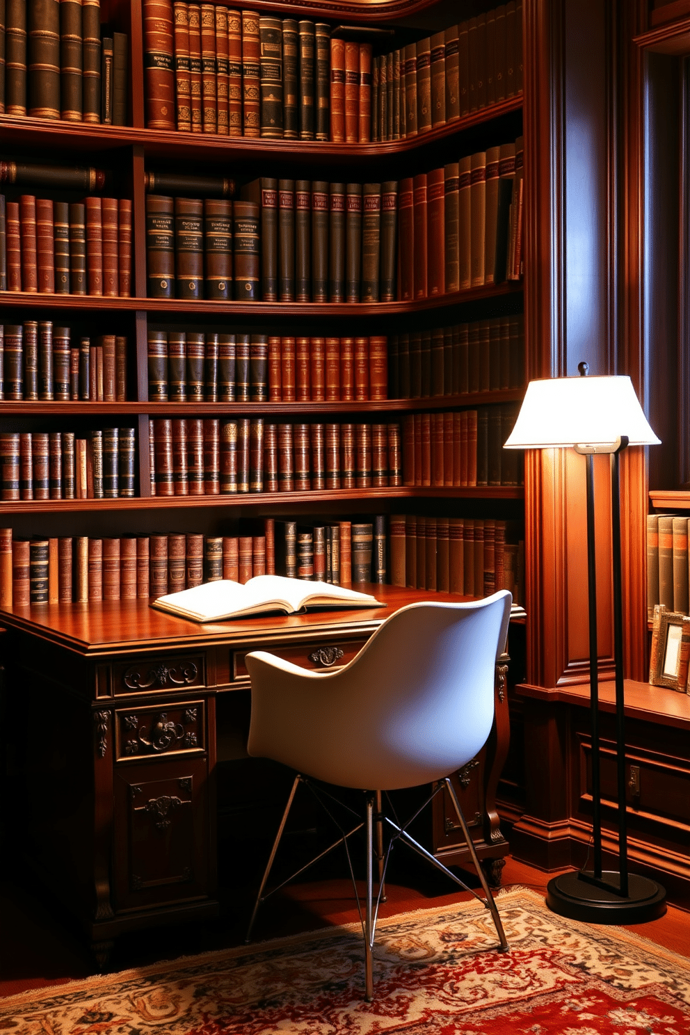 A vintage wooden desk with intricate carvings is positioned against a wall lined with bookshelves filled with leather-bound volumes. A sleek, modern chair with a minimalist design complements the desk, creating an elegant contrast between old and new. The library features warm, ambient lighting from a stylish floor lamp, casting a soft glow over the reading nook. Rich mahogany accents and plush rugs add to the cozy atmosphere, inviting you to immerse yourself in a world of literature.