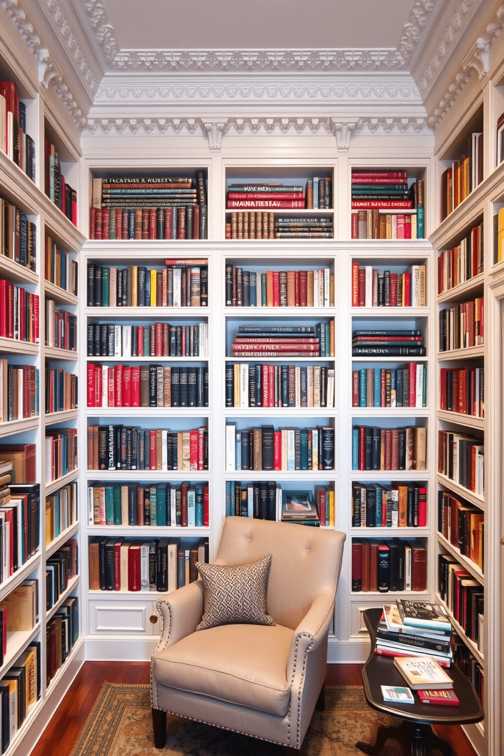 A classic home library features wall-to-wall bookshelves adorned with intricate crown molding, showcasing a vast collection of books in various colors and sizes. A cozy reading nook is nestled in one corner, complete with a plush armchair and a small side table, inviting you to lose yourself in a good book.