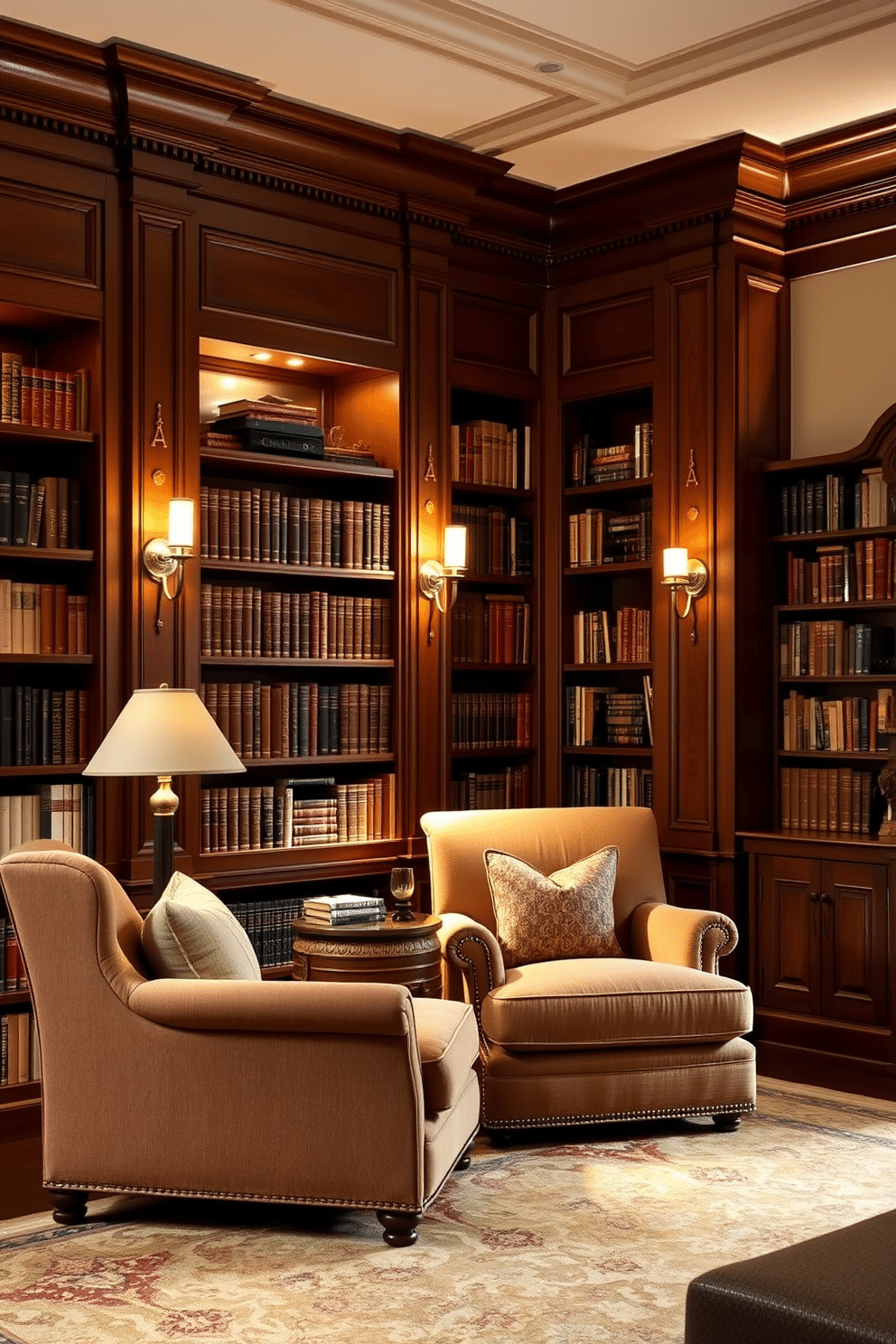 A classic home library with soft, layered lighting that creates a warm and inviting ambiance. Rich wooden bookshelves line the walls, filled with an array of books, while a plush, oversized armchair sits in the corner, accompanied by a small side table and a reading lamp. The ceiling features elegant crown molding, and warm-toned wall sconces provide additional light, casting a gentle glow throughout the space. A large area rug anchors the room, complementing the rich hues of the furniture and enhancing the cozy atmosphere.