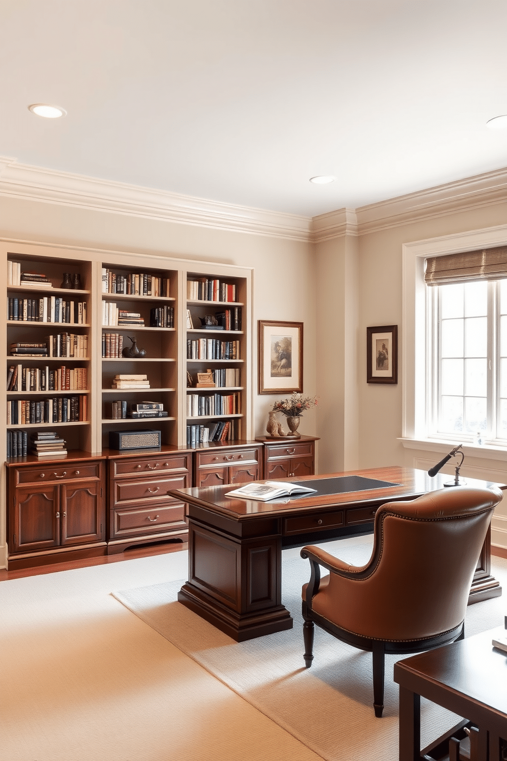 A classic home office design featuring a neutral color palette that exudes timeless appeal. The room includes a large wooden desk with elegant detailing, accompanied by a plush leather chair that invites comfort and productivity. Soft beige walls create a warm ambiance, while a large window allows natural light to flood the space. Bookshelves line one wall, filled with neatly arranged books and decorative items that add personality to the room.