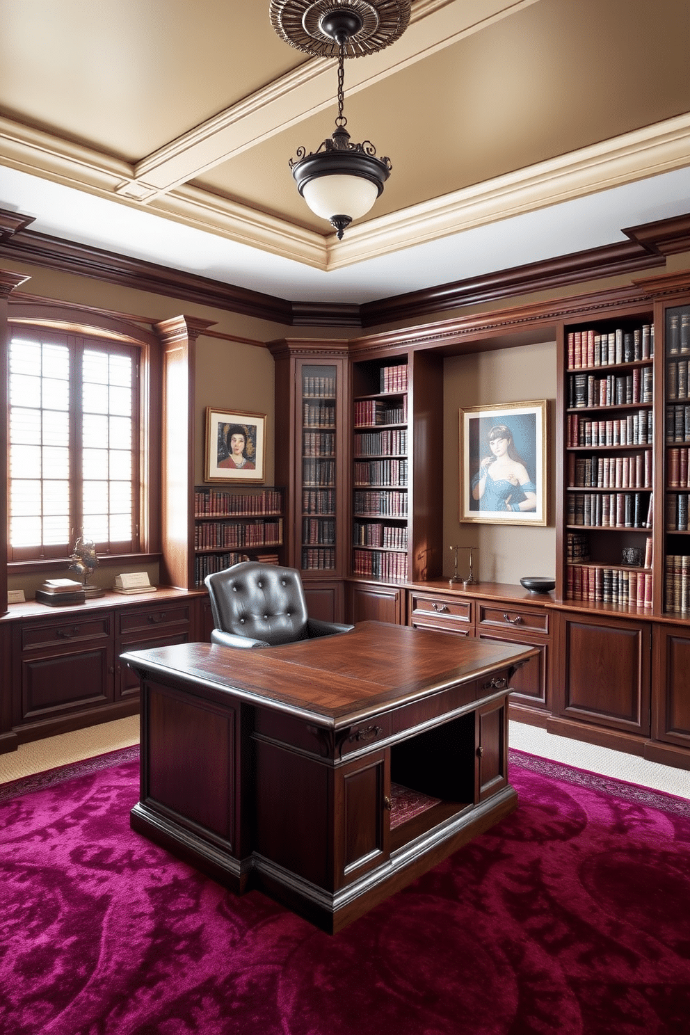 A classic home office featuring elegant crown molding that enhances the ceiling height, creating a sense of openness. The space is adorned with rich wooden bookshelves filled with leather-bound volumes and a large, antique oak desk positioned near a window for natural light. The walls are painted in a warm taupe, complemented by a plush area rug in deep burgundy. A stylish leather chair sits at the desk, and tasteful artwork hangs above, adding character to the sophisticated environment.