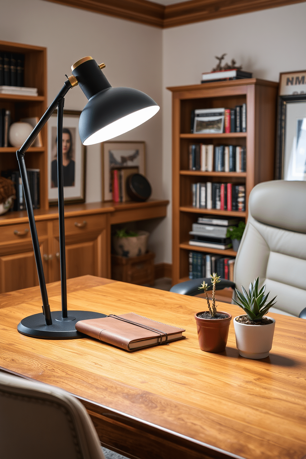 A stylish desk lamp with a sleek, modern design provides focused lighting in a classic home office setting. The lamp features a matte black finish with a brass accent, illuminating a polished wooden desk adorned with a vintage leather notebook and a potted succulent. The office is designed with warm wood tones and soft textiles, creating a cozy yet professional atmosphere. A comfortable ergonomic chair complements the desk, while framed artwork and bookshelves filled with literature add character to the space.