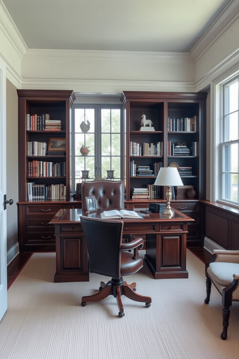 A classic home office design with large windows that allow natural light to flood the space. The room features a rich wooden desk paired with an elegant leather chair, surrounded by built-in bookshelves filled with curated books and decorative accents.