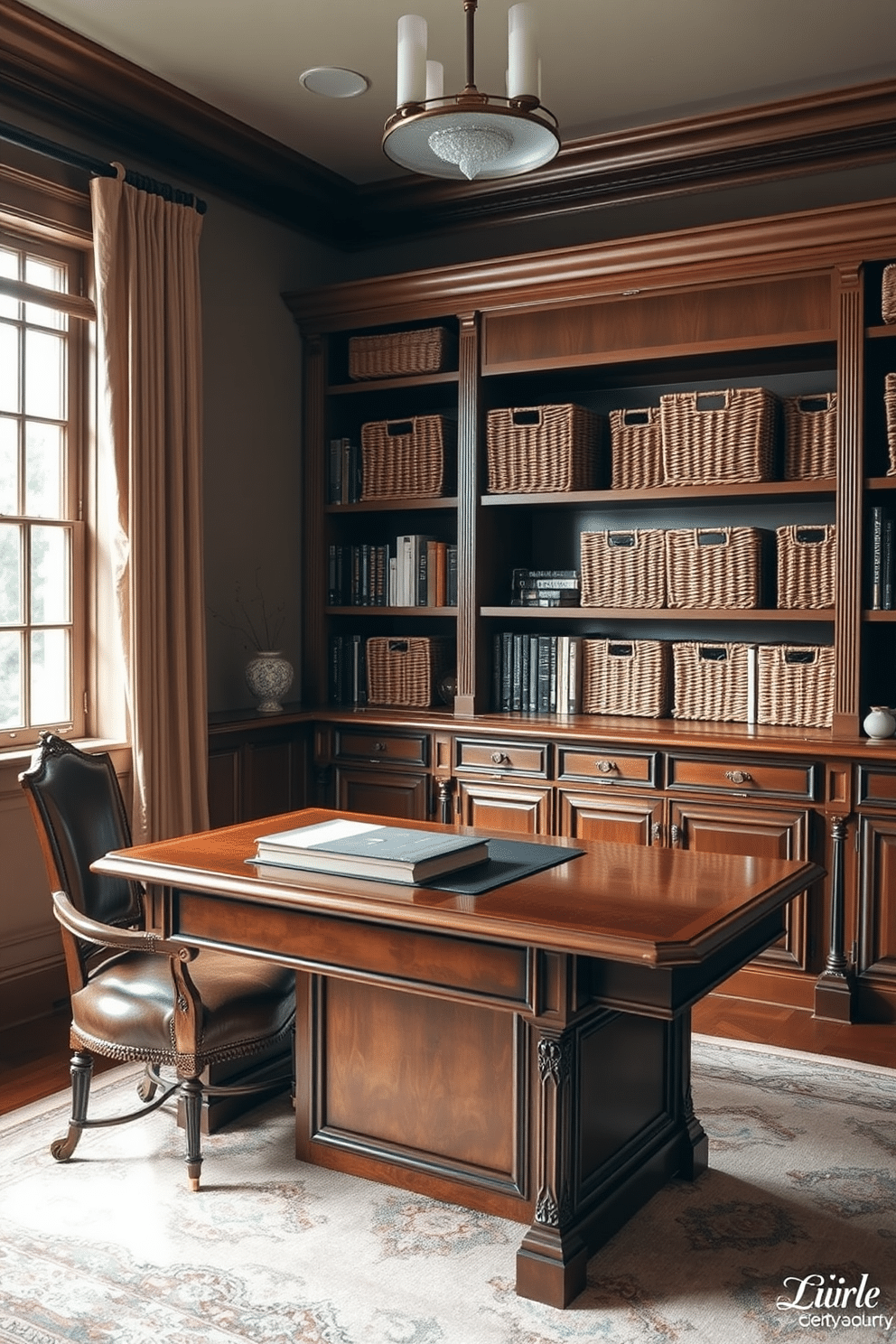 A cozy home office features woven baskets neatly arranged on open shelves, providing stylish storage solutions for books and office supplies. The warm wood tones of the desk complement the natural textures of the baskets, creating an inviting and organized workspace. The office is adorned with classic design elements such as a vintage leather chair and a large wooden desk with intricate detailing. Soft, ambient lighting enhances the elegant atmosphere, while a large window offers plenty of natural light, making it a perfect place for productivity.