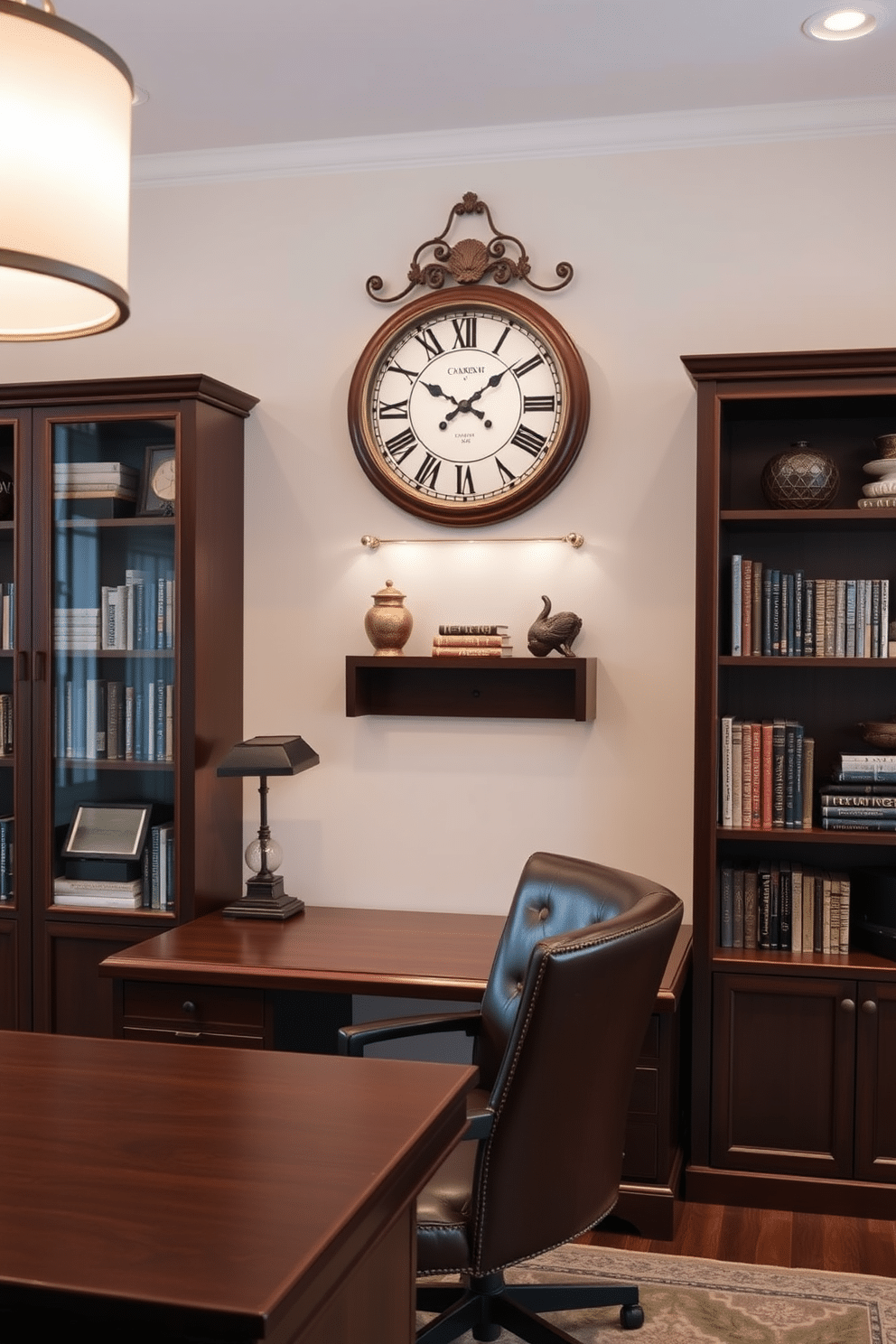 A classic clock serves as a stunning statement piece, positioned prominently on the wall above a sleek wooden desk. The clock features intricate detailing and a vintage finish, complementing the overall elegance of the home office. The home office is designed with a blend of traditional and modern elements, featuring a rich mahogany desk paired with a comfortable leather chair. Soft ambient lighting illuminates the space, highlighting a collection of books and decorative items on the shelves.