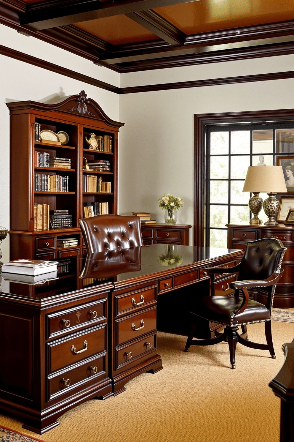 A classic home office featuring dark wood furniture that creates a rich contrast against the light-colored walls. The space includes a large, polished mahogany desk with elegant brass hardware, complemented by a plush leather chair and a vintage bookshelf filled with books and decorative items.