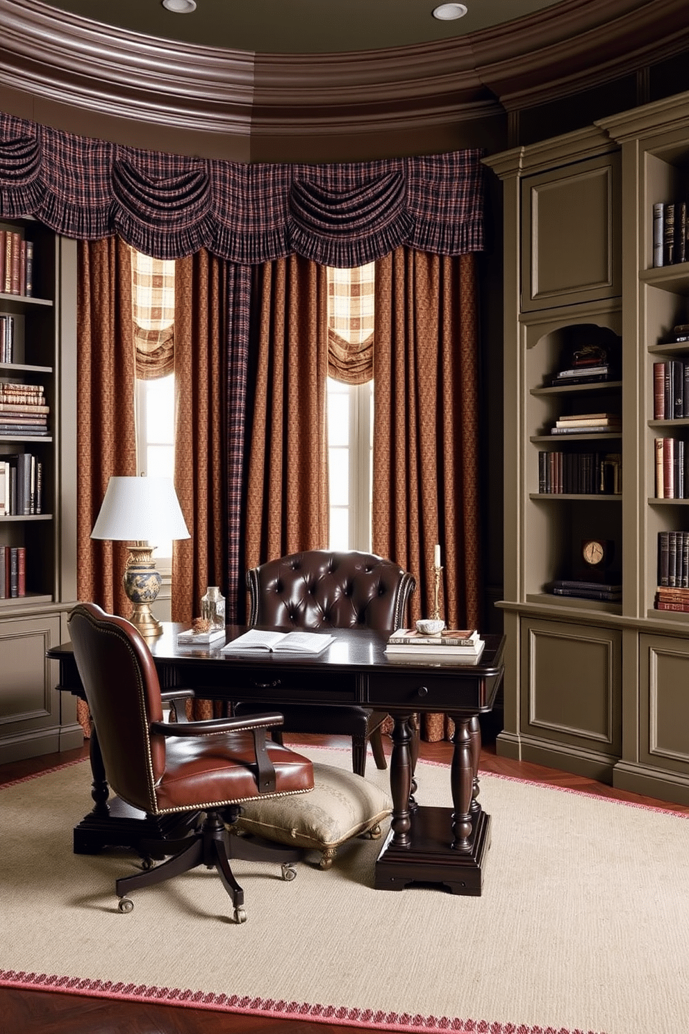 A classic home office features layered curtains in rich fabrics, providing both texture and warmth to the space. The desk is made of dark wood, complemented by a plush leather chair, while built-in bookshelves line the walls, filled with books and decorative items.