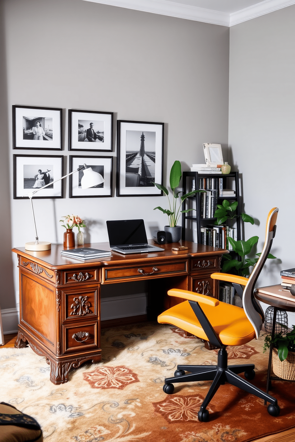 A vintage wooden desk with intricate carvings serves as the centerpiece of the home office, complemented by sleek, modern accessories like a minimalist desk lamp and a contemporary laptop stand. The walls are painted in a soft gray, adorned with framed black-and-white photographs, while a plush area rug adds warmth beneath the desk. A stylish ergonomic chair in a bold color contrasts with the desk, providing comfort and a pop of personality. Potted plants and a stylish bookshelf filled with curated books complete the inviting atmosphere, creating a perfect blend of classic elegance and modern functionality.